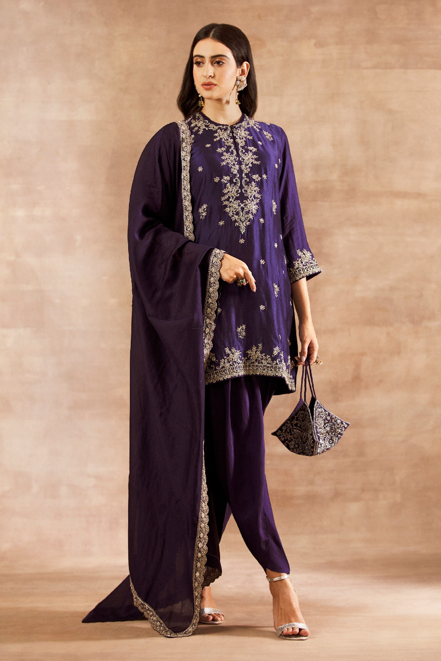 JAYANTI REDDY Purple Silk Embroidered Tunic Dhoti Pant Set
