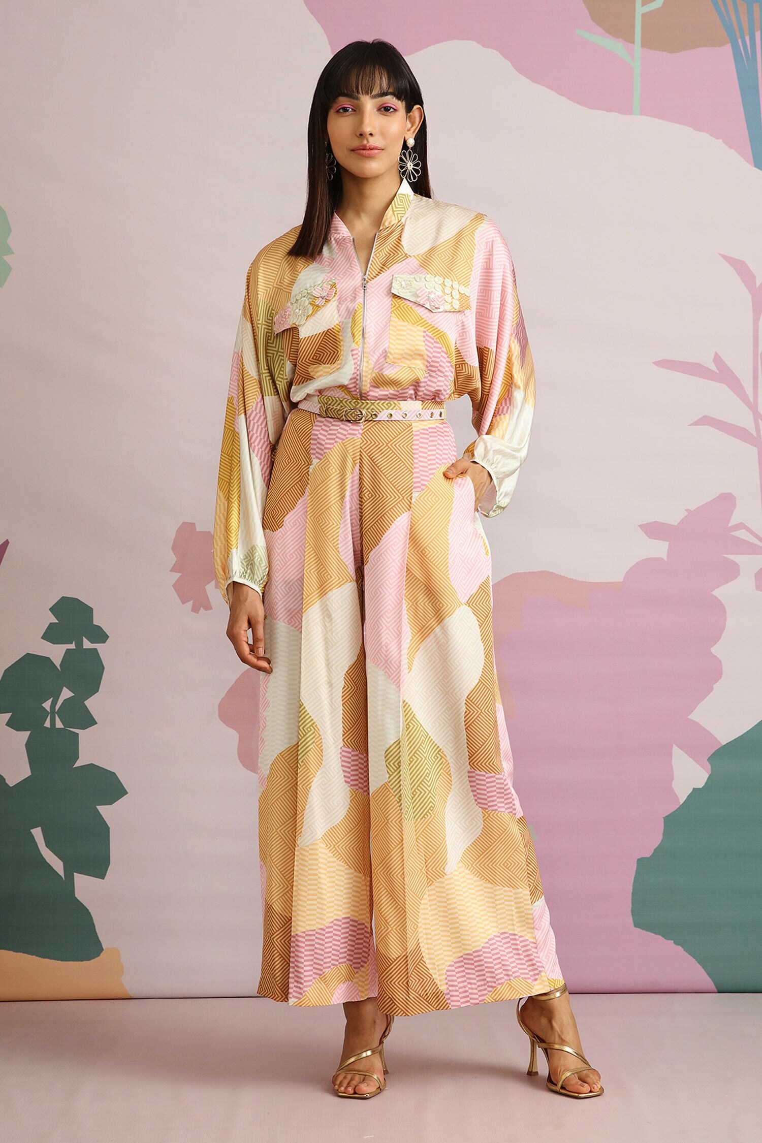 Pankaj & Nidhi Gold Satin Knoll Bomber Jacket And Pant Set