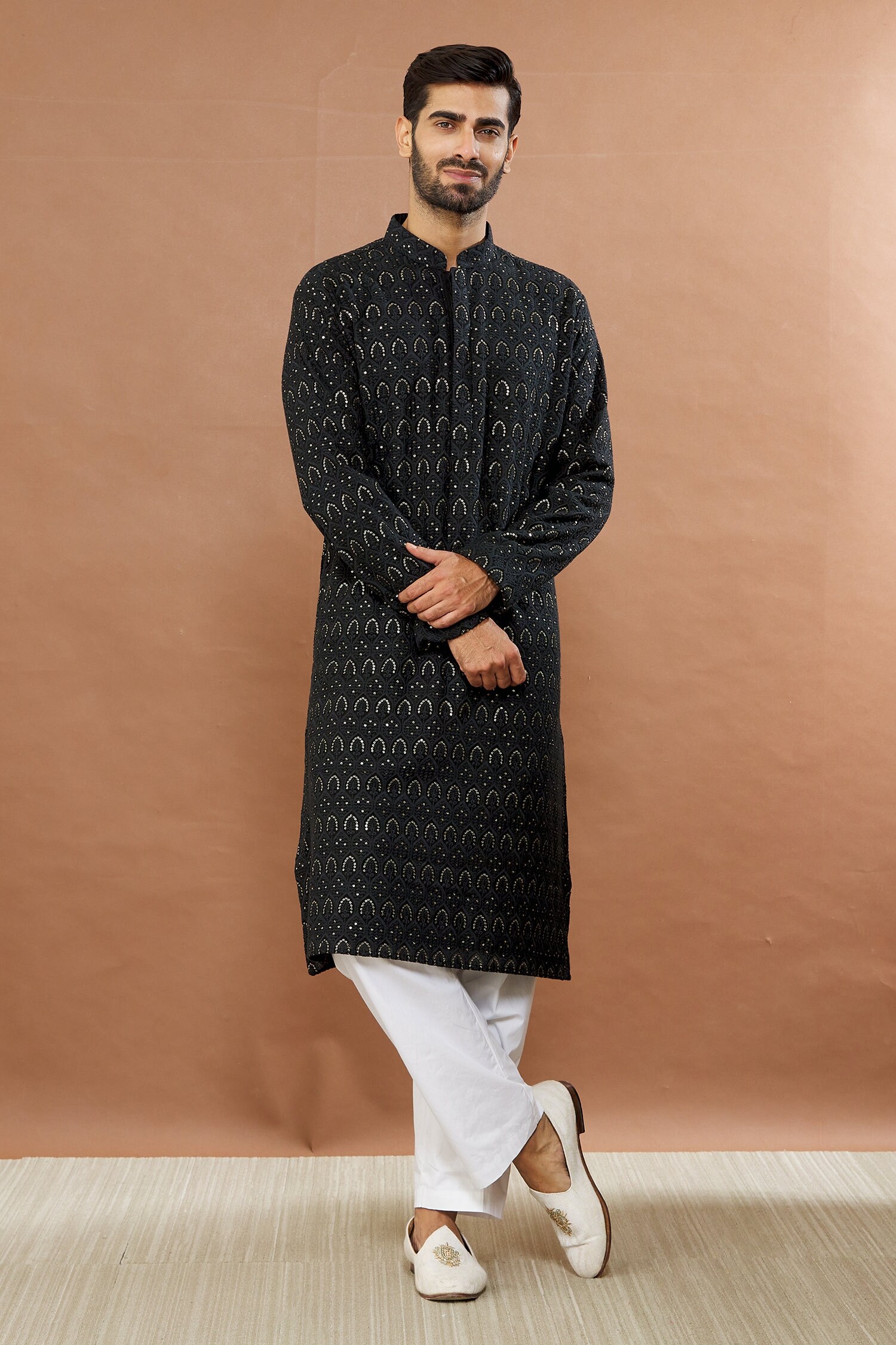 Aham-Vayam Black Cotton Chamkila Embroidered Kurta And Pyjama Set