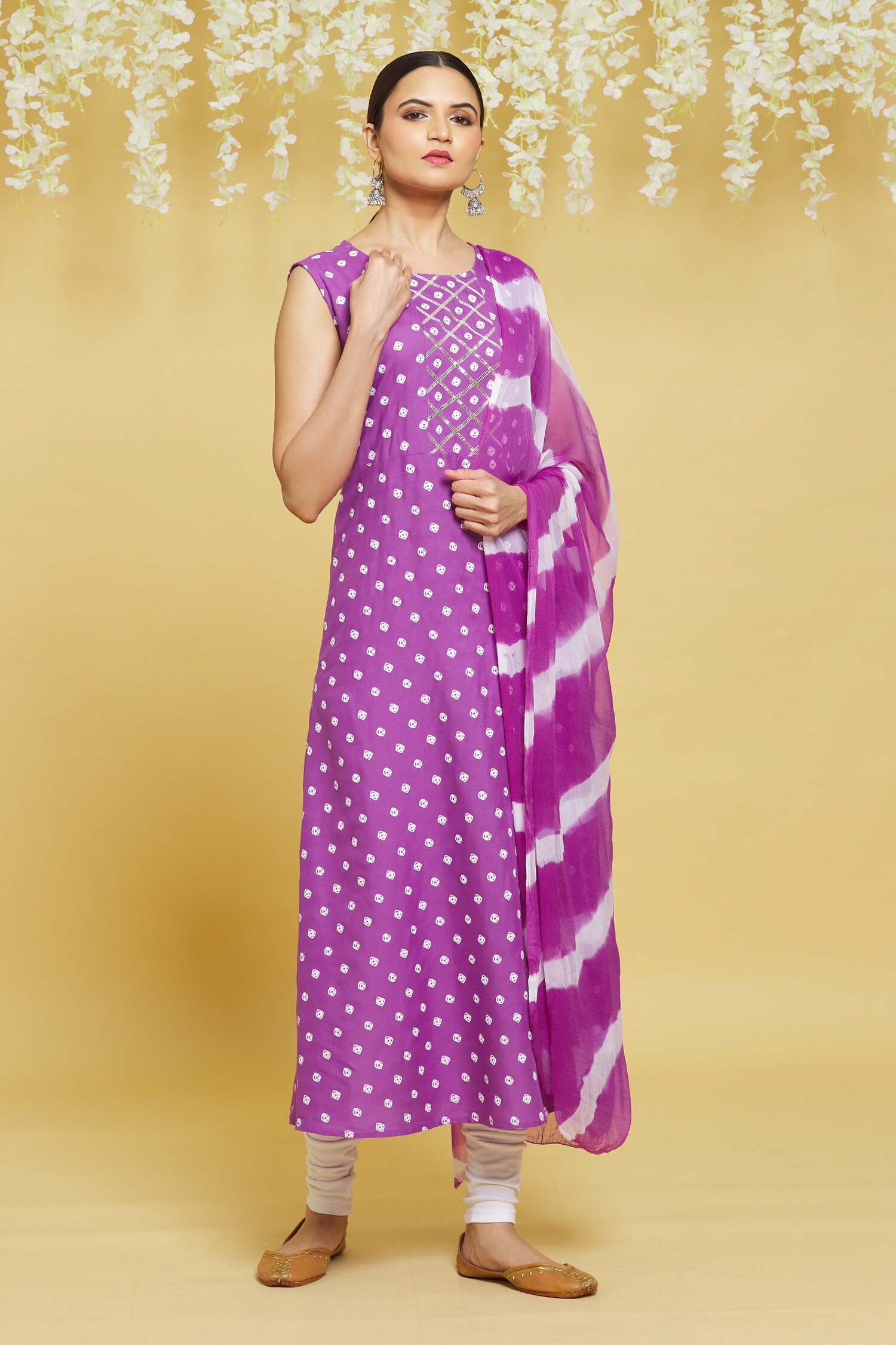 Samyukta Singhania Purple Bandhani Pattern Kurta With Dupatta