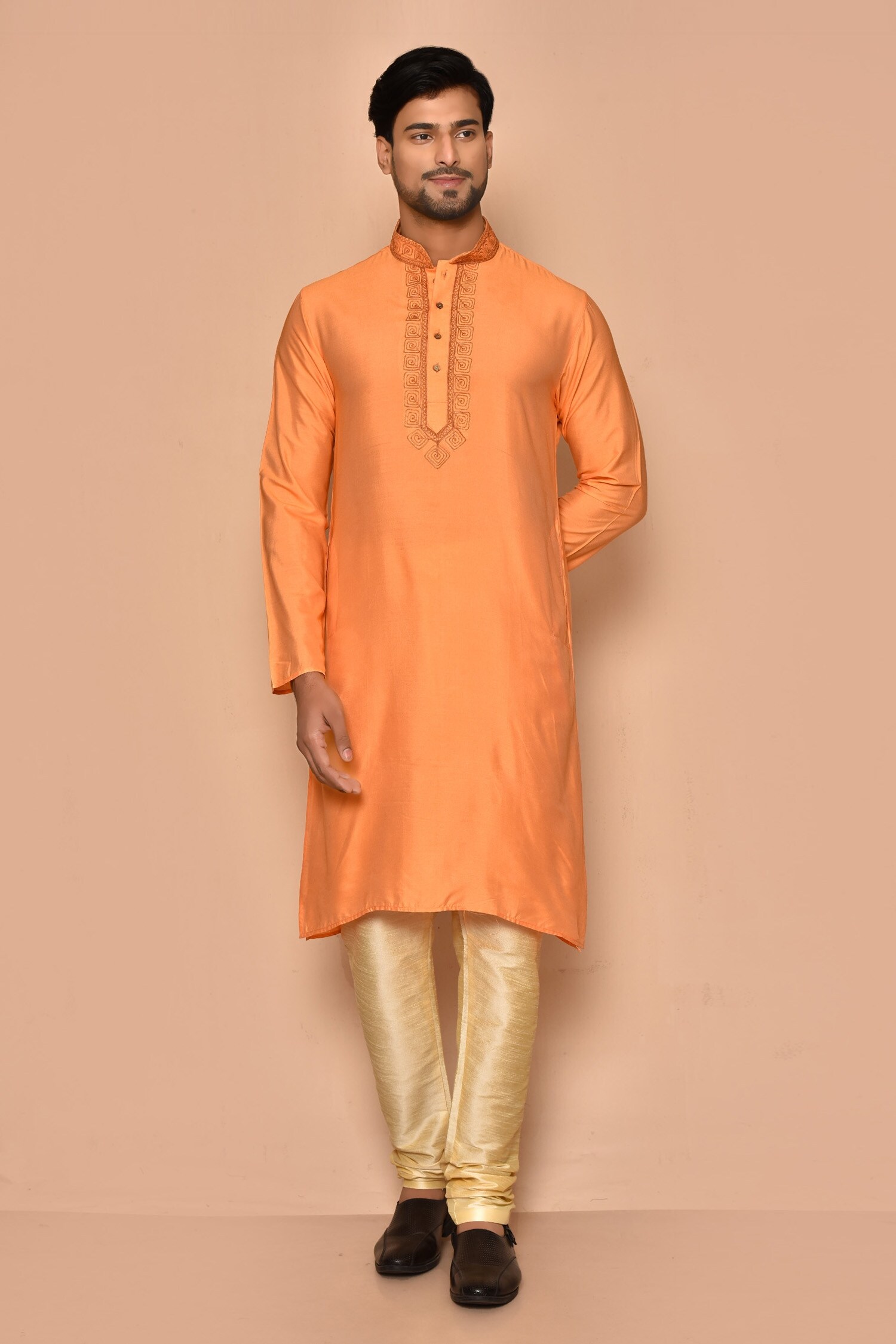 Buy Aryavir Malhotra Orange Cotton Dori Embroidered Kurta With Churidar Set Online Aza Fashions