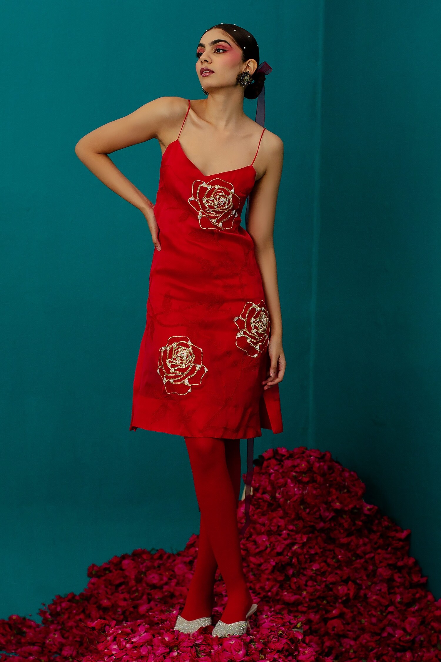 Buy Latha Puttanna Satin Organza Rose And Pearl Embroidered Slip Dress