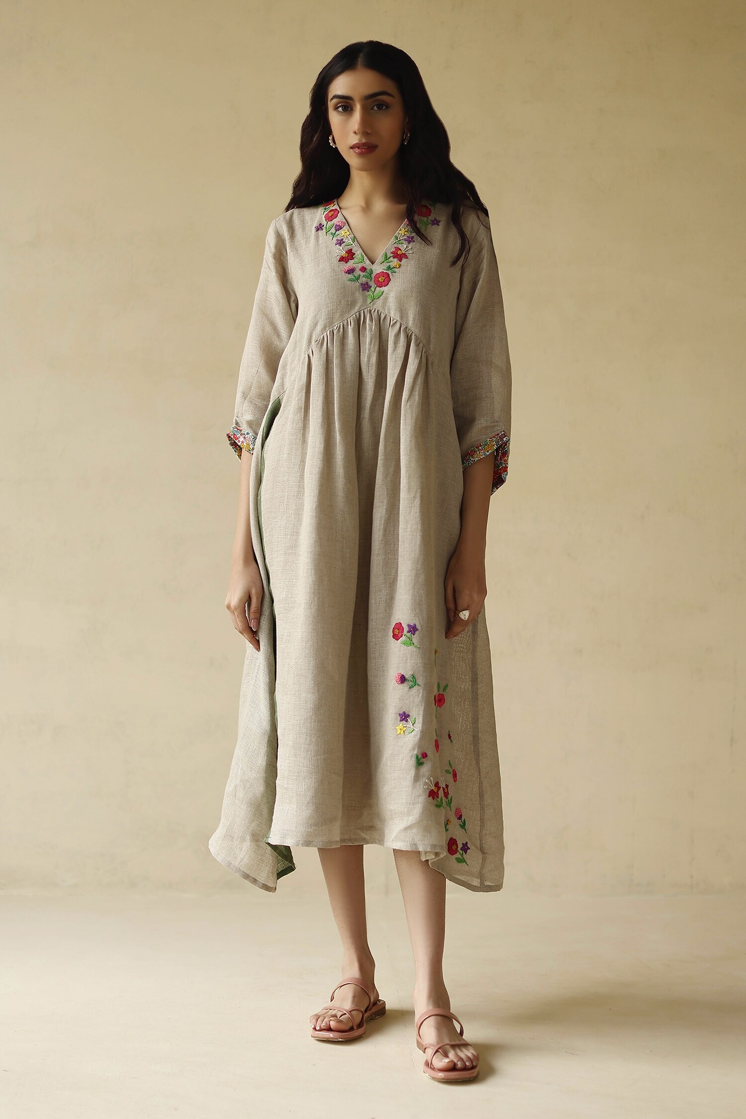 Buy Roza Pret Beige Gauze Linen Neck Embroidered Dress Online | Aza ...