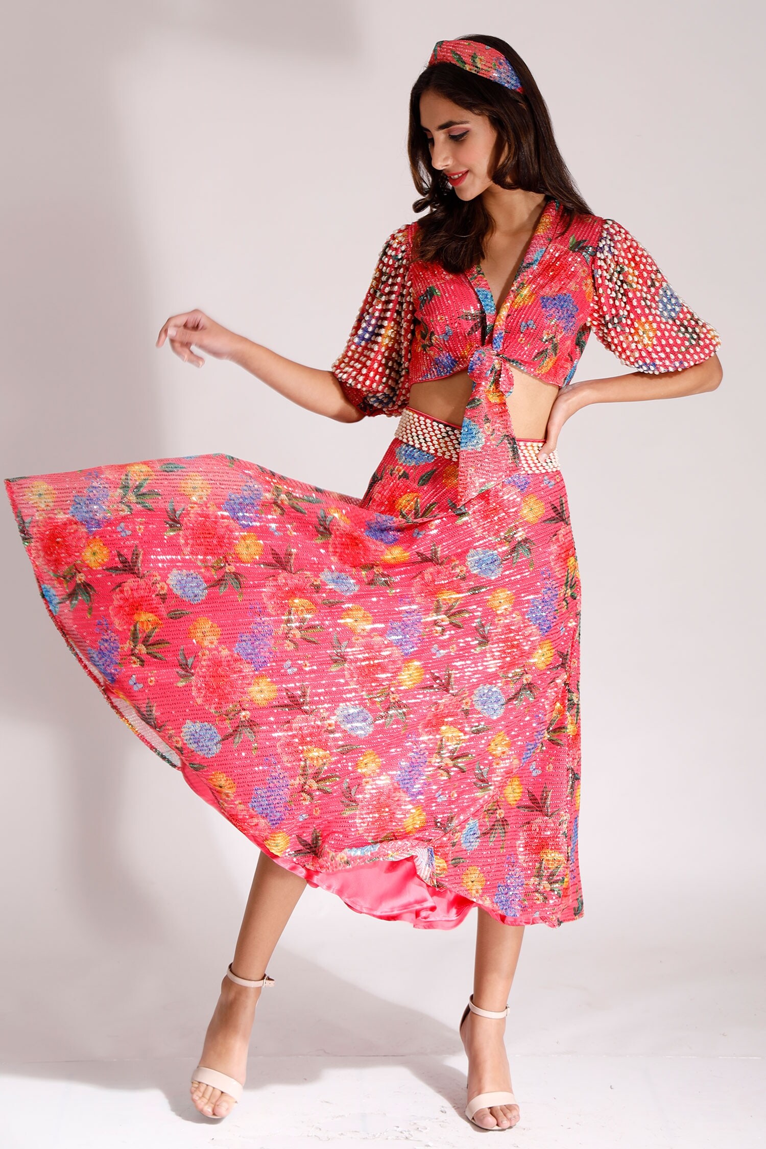 Nitya Bajaj Coral Net Sequin Embroidered Skirt And Top Set