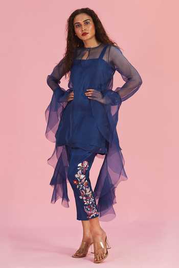 Blue Short Kurta with Printed Pants