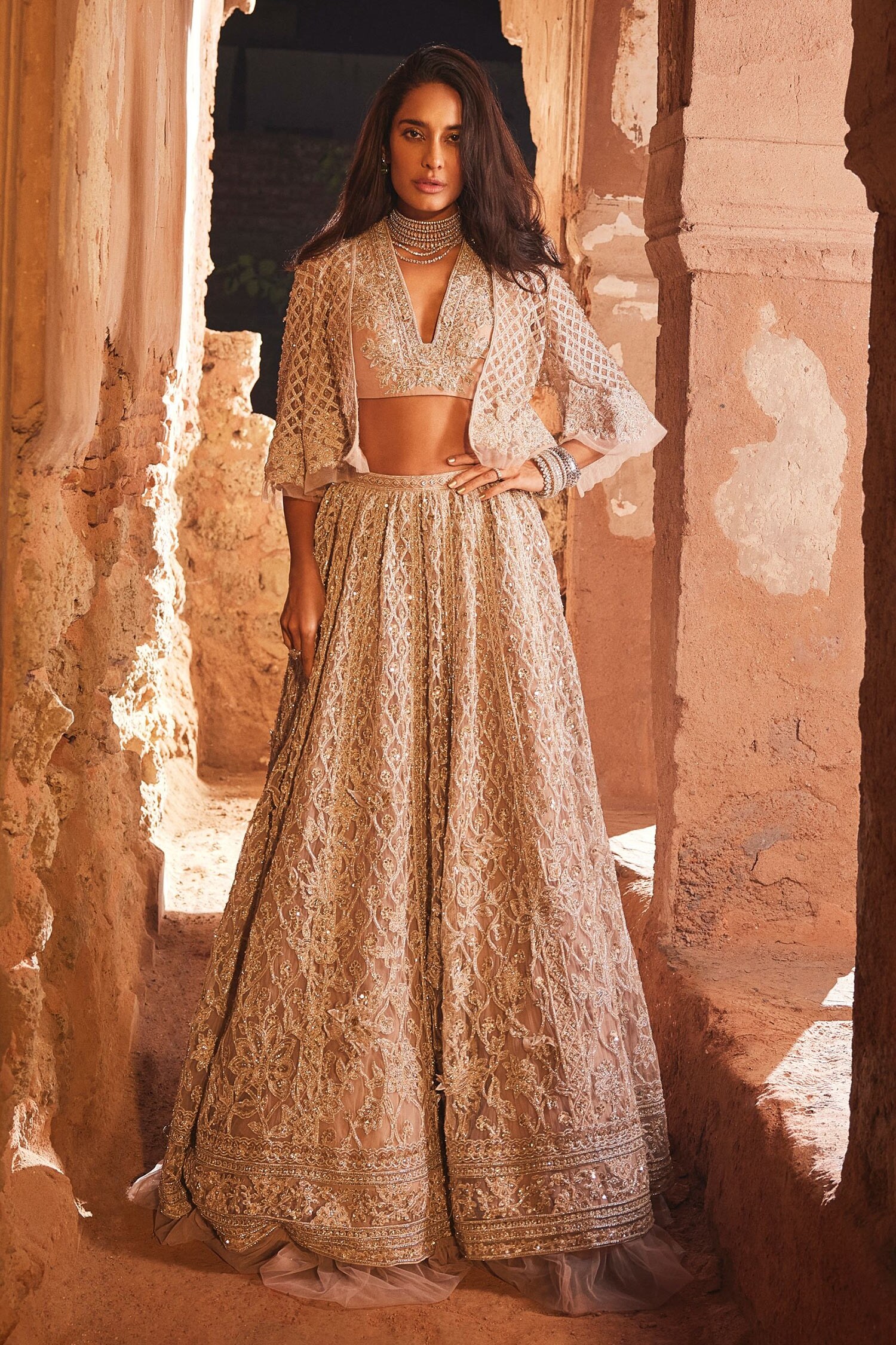 Ridhi Mehra Peach Heer Floral Embroidered Cape And Lehenga Set
