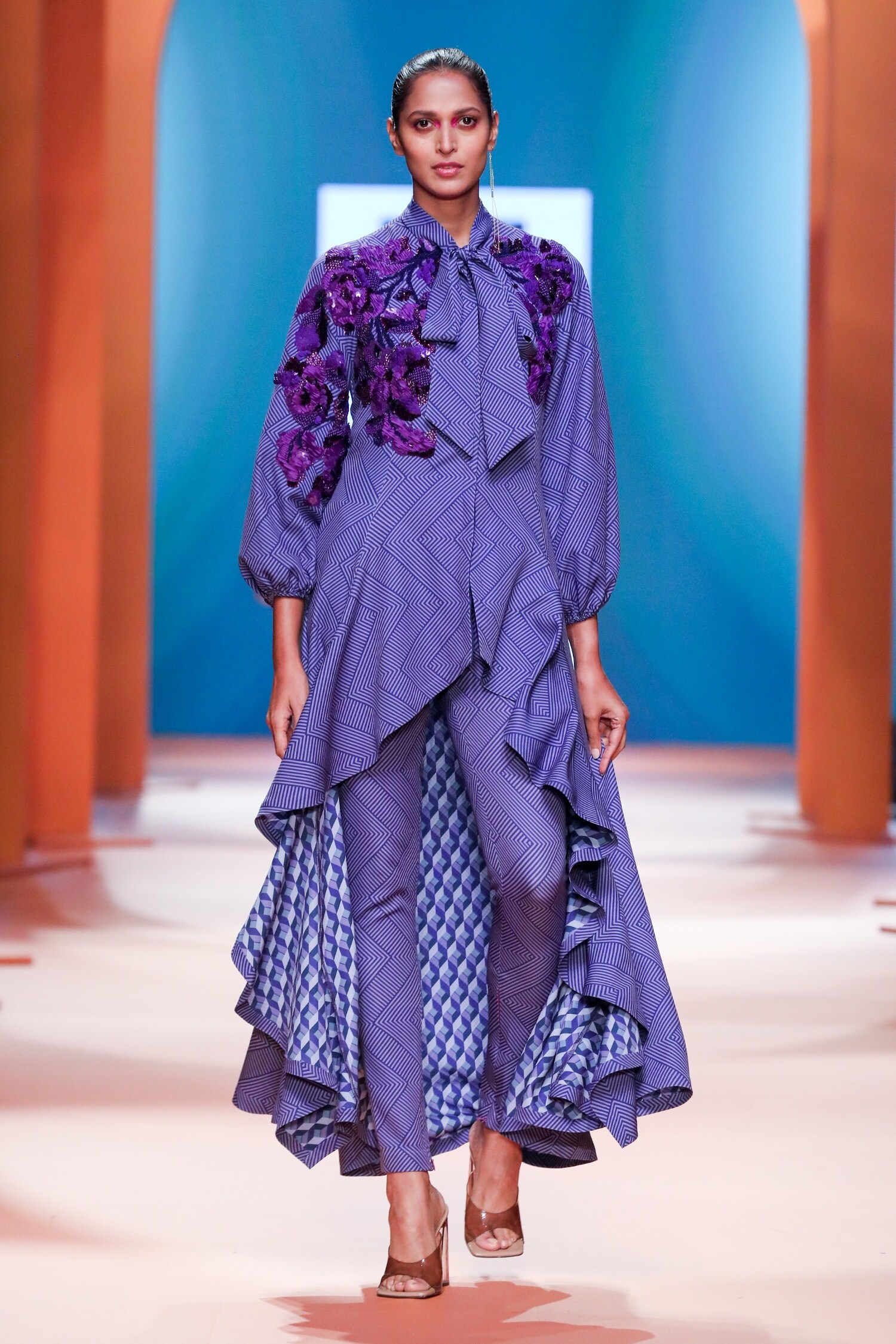 Pankaj & Nidhi Purple Moss Crepe Aurora Asymmetric Jacket And Pant Set