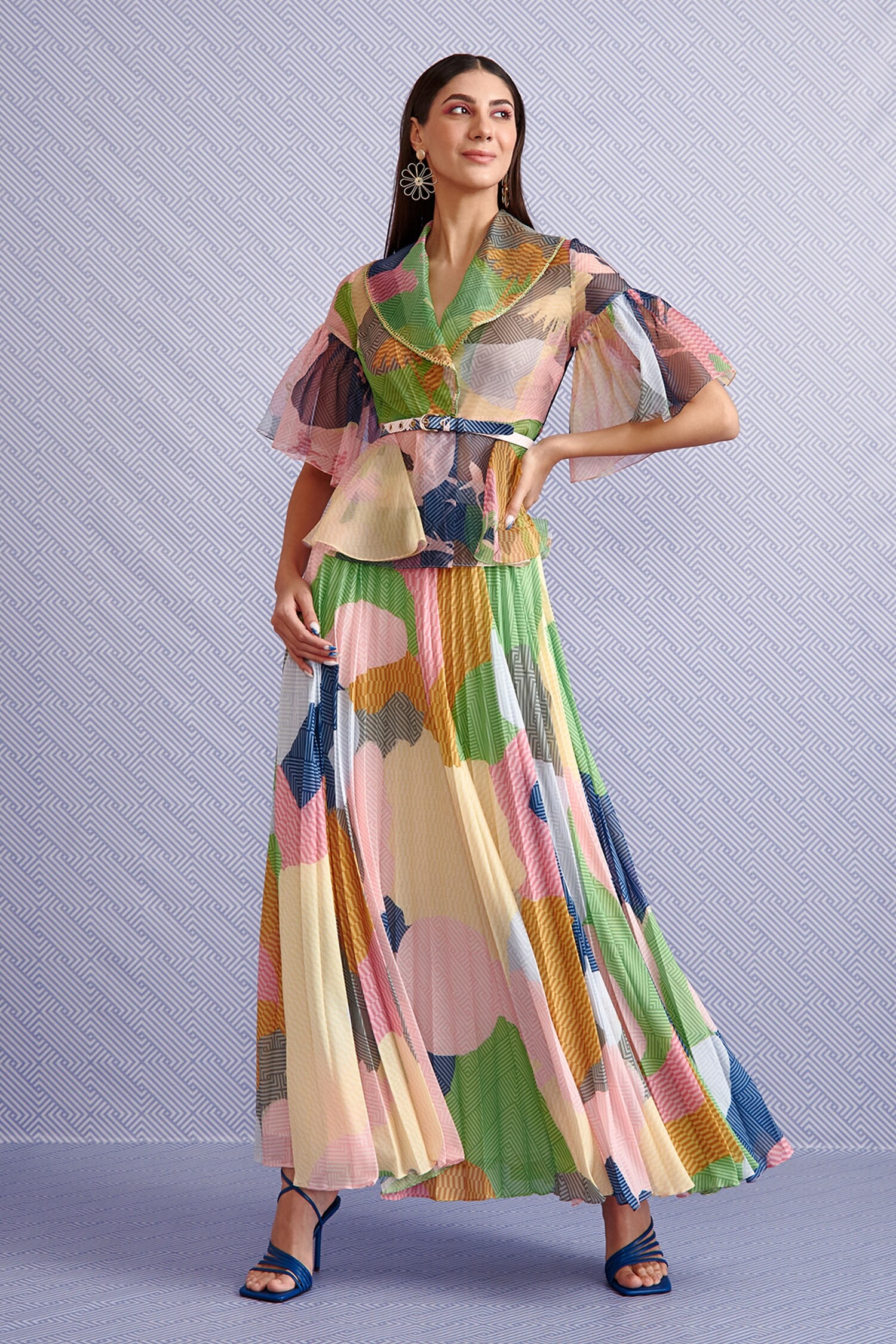 Pankaj & Nidhi Blue Hibiki Sheer Peplum Top And Skirt Set