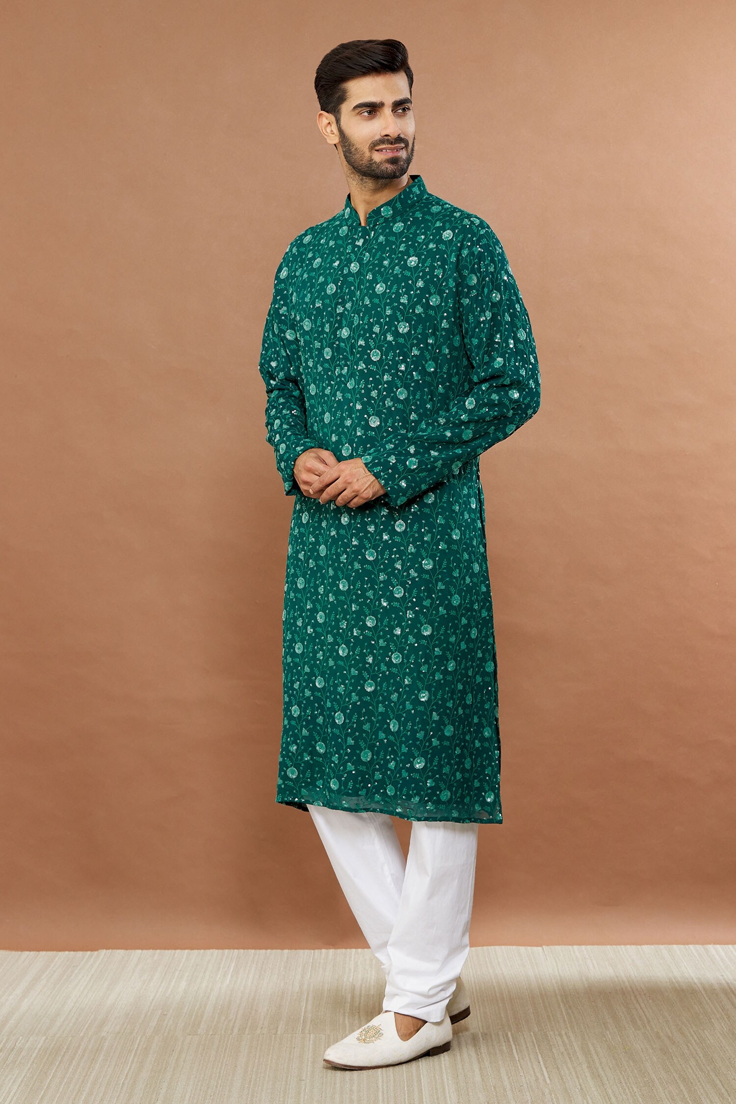 Aham-Vayam Green Cotton Sequin And Floral Embroidered Kurta Set
