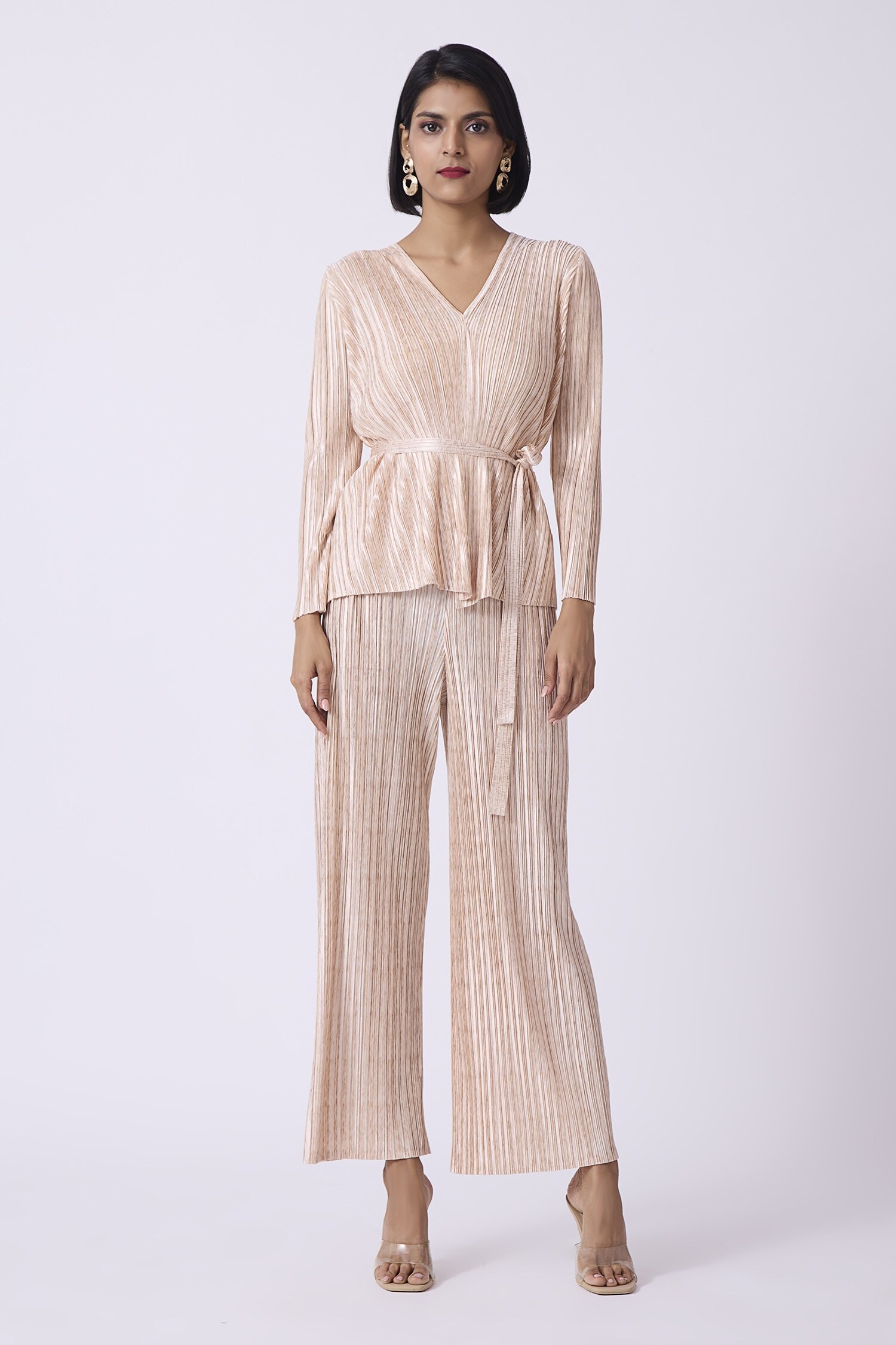 Scarlet Sage Cream Pleated Top And Pant Set