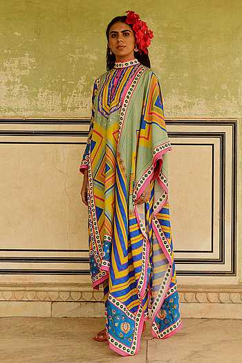Buy Swati Vijaivargie Multi Color Silk Jumki Geometrical Print Kurta ...