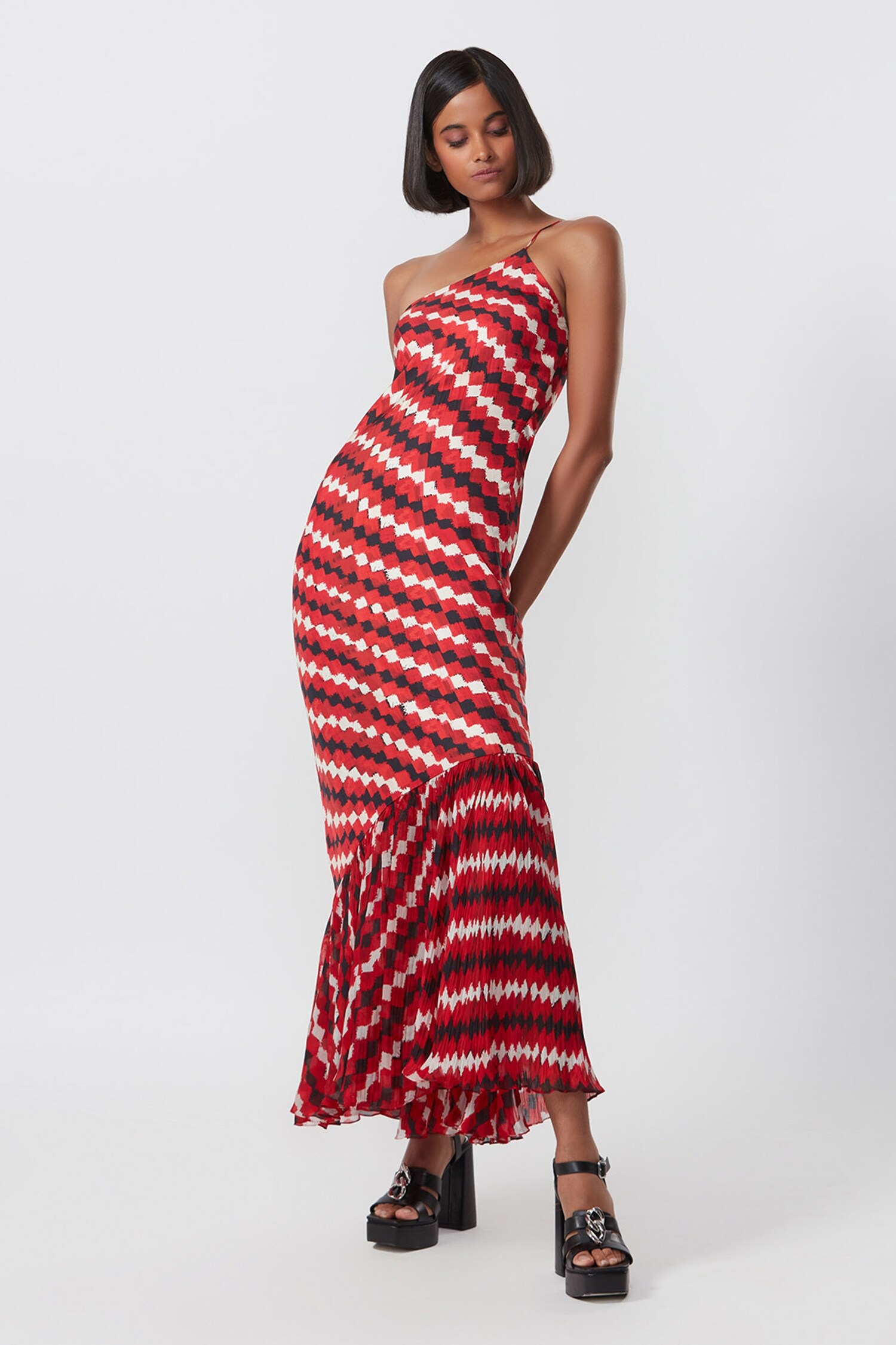 Saaksha & Kinni Red Cotton Silk Abstract Print One Shoulder Dress
