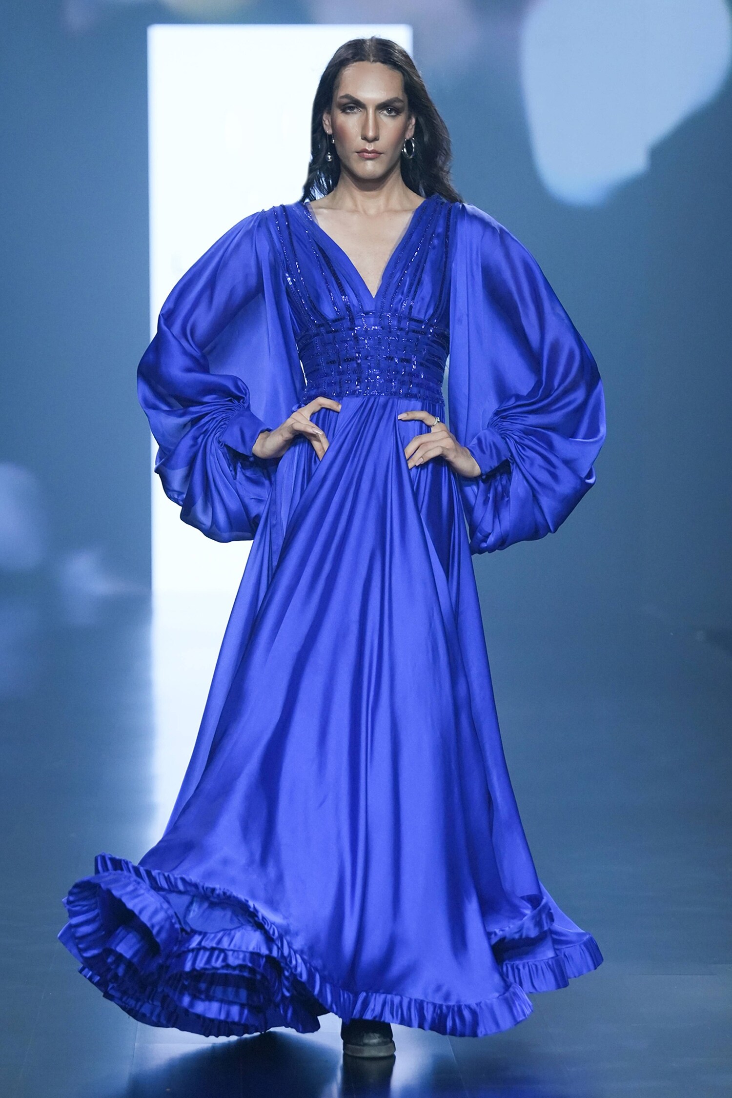 Saisha Shinde Blue Silk Balloon Sleeve Bodice Embroidered Gown