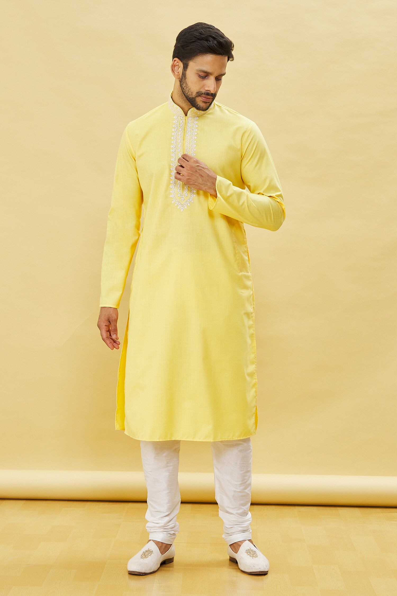 Buy Samyukta Singhania Yellow Cotton Embroidered Collar Kurta With