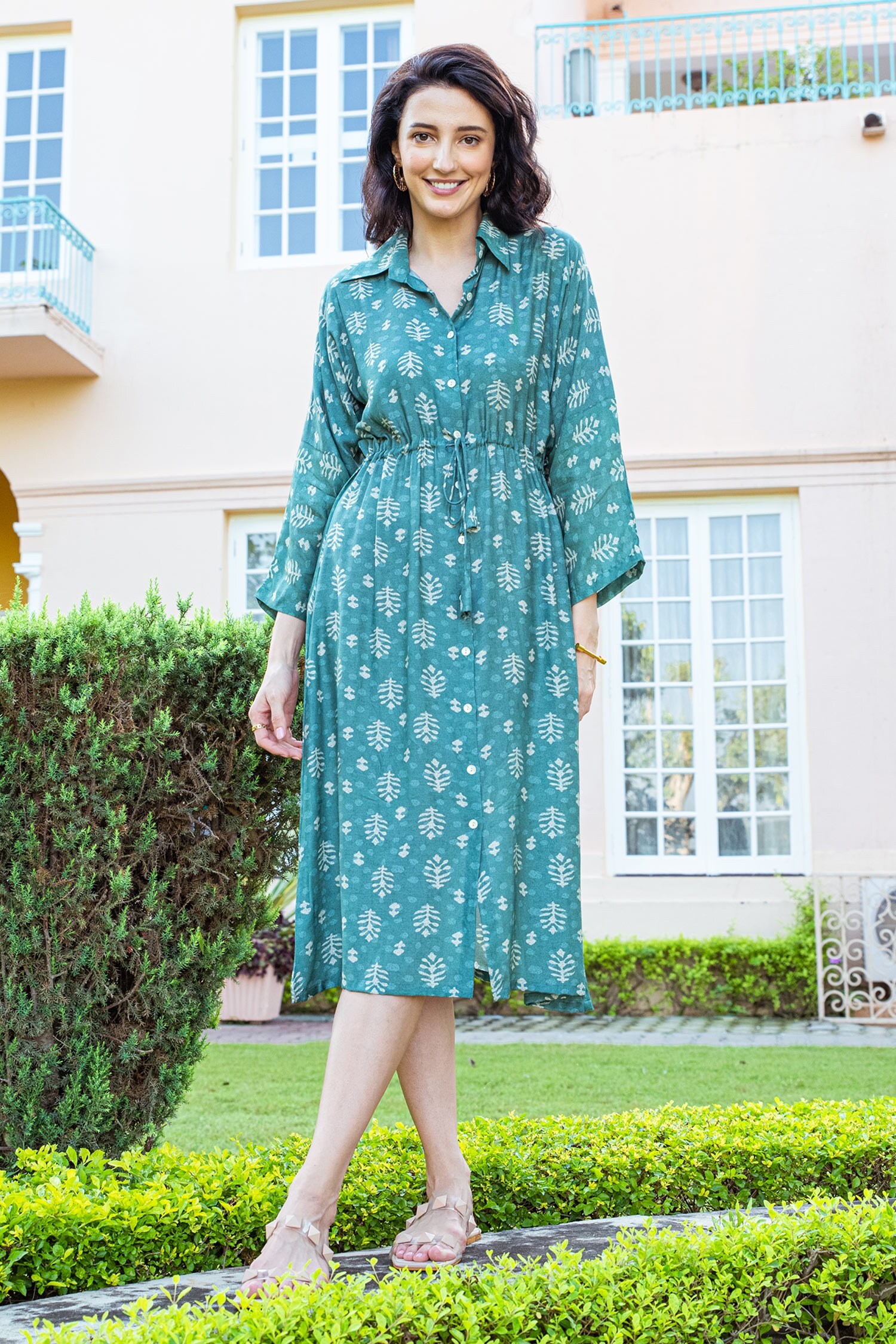 KARAJ JAIPUR Green Muslin Floral Pattern Shirt Dress