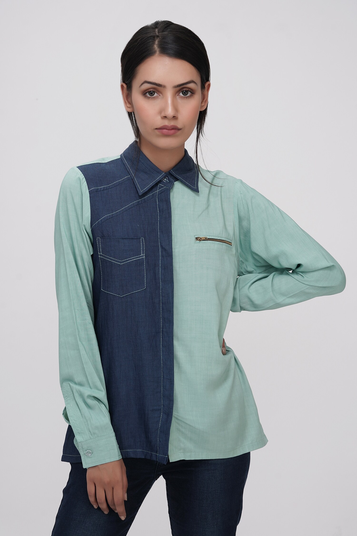 Buy Shruti S Green Half And Half Denim Shirt Online Aza Fashions