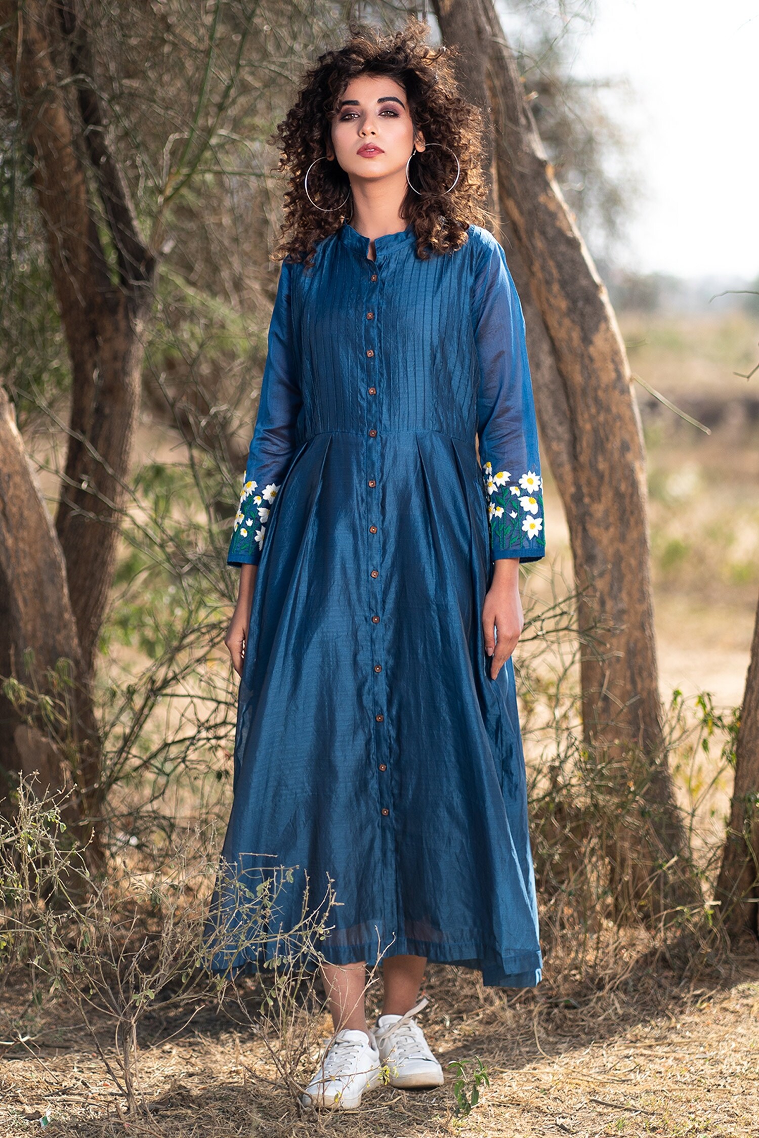The Home Affair Blue Pintucked Chanderi Embroidered Dress