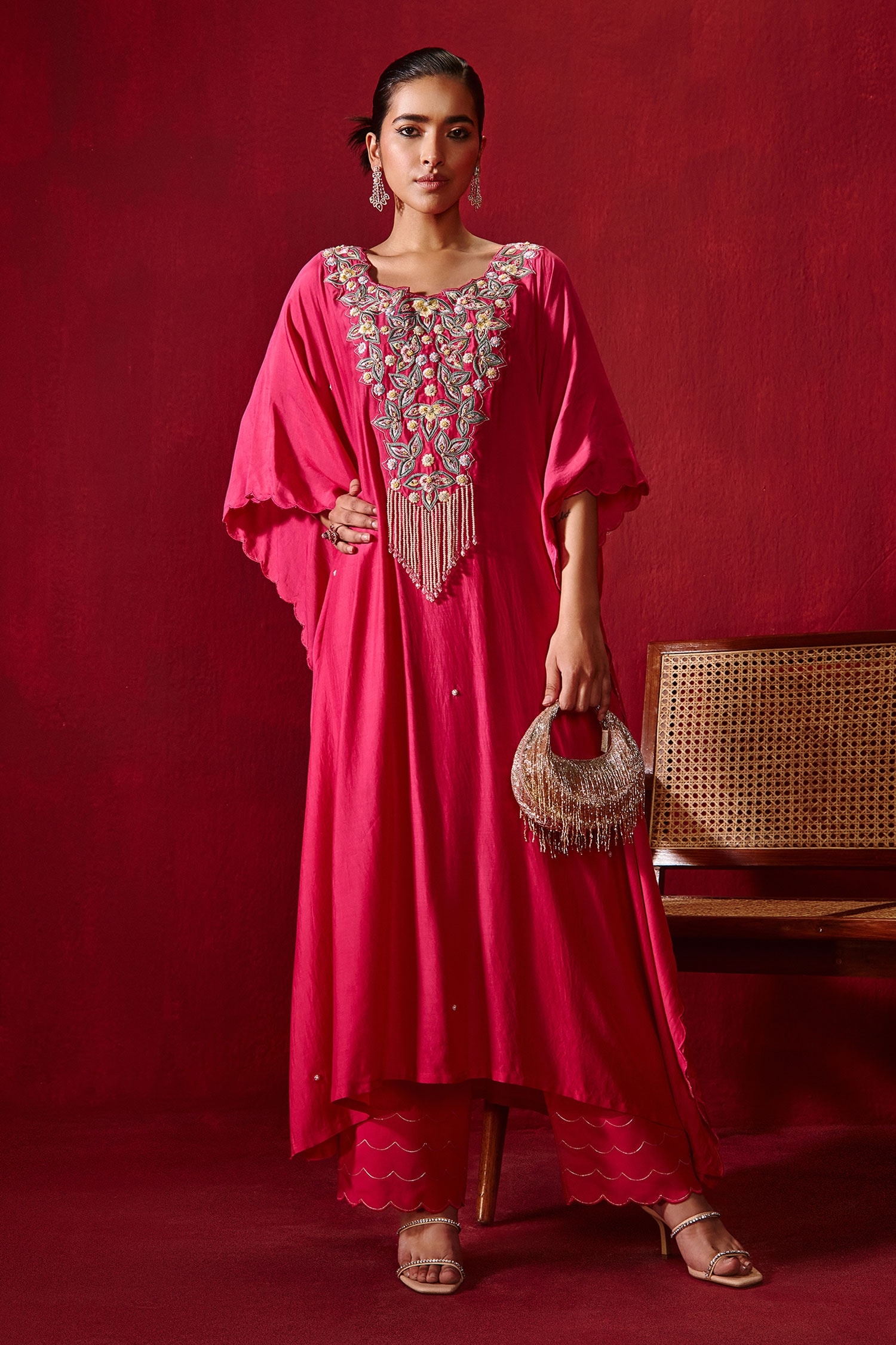 Ajiesh Oberoi Pink Cotton Silk Ambar Embroidered Kaftan And Palazzo Set