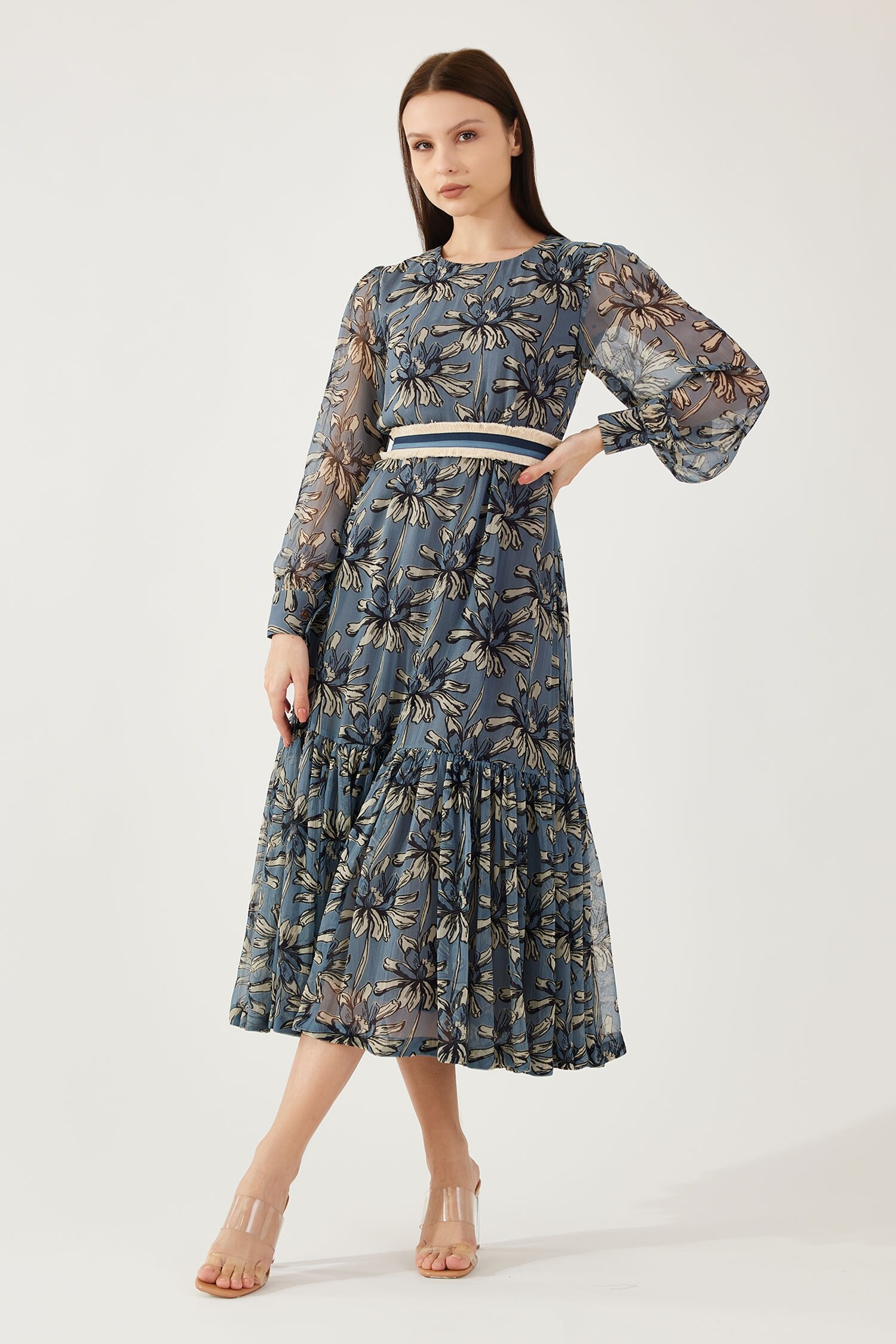 KoAi Blue Chiffon Floral Print Midi Dress