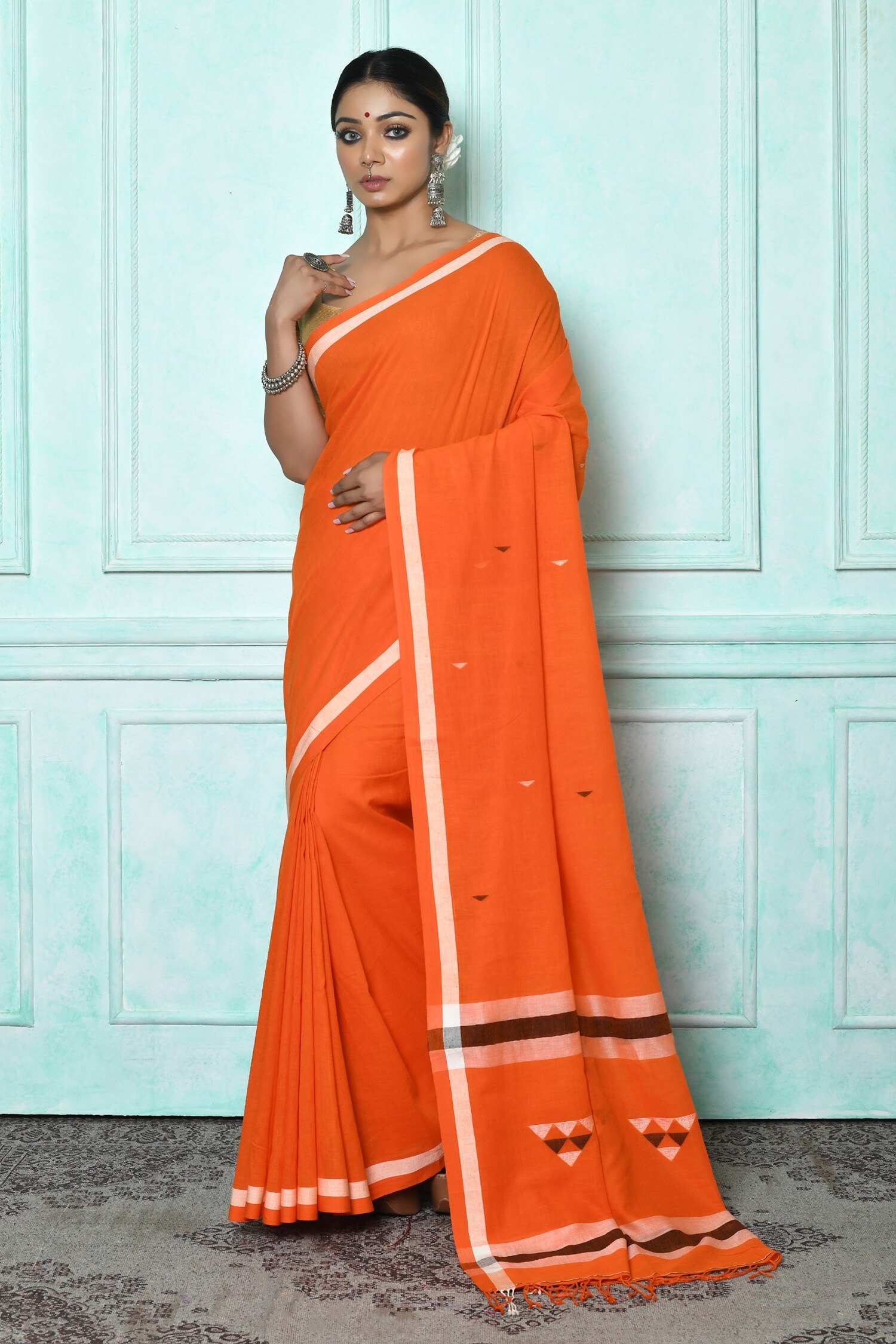 Samyukta Singhania Orange Pure Cotton Geometric Pattern Palla Saree