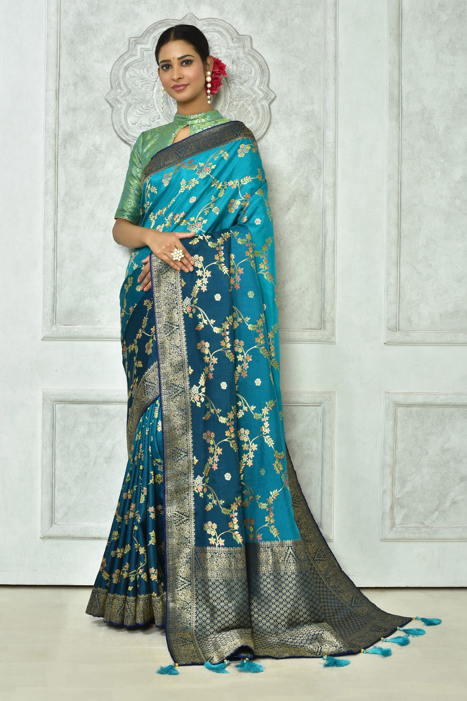 Buy Nazaakat by Samara Singh Blue Viscose Silk Ombre Saree With Running ...