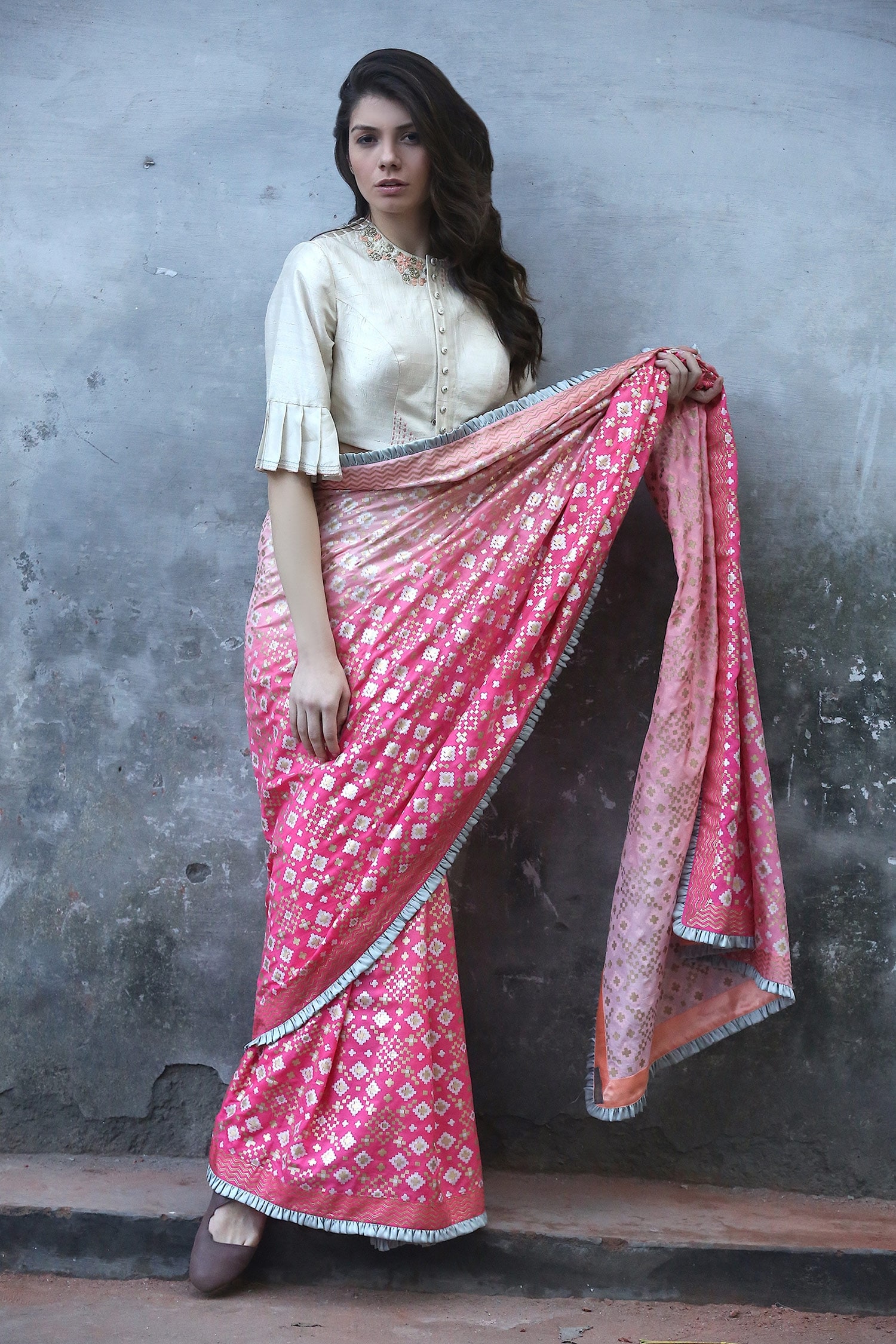 I am Design Ivory Raw Silk Button Front Embroidered Crop Top