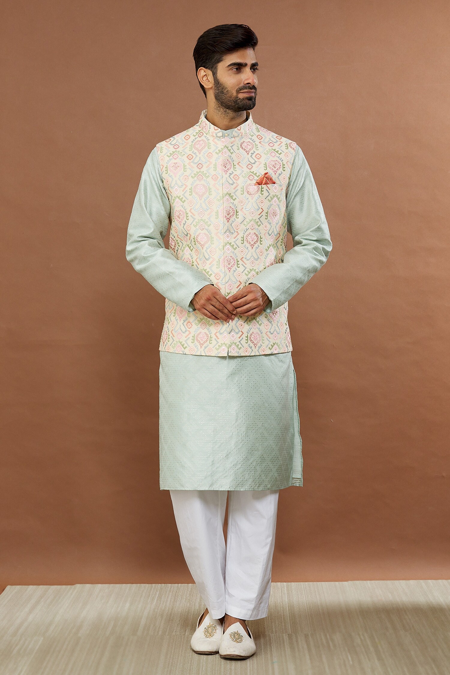 Aham-Vayam Beige Silk Cotton Divyam Embroidered Nehru Jacket