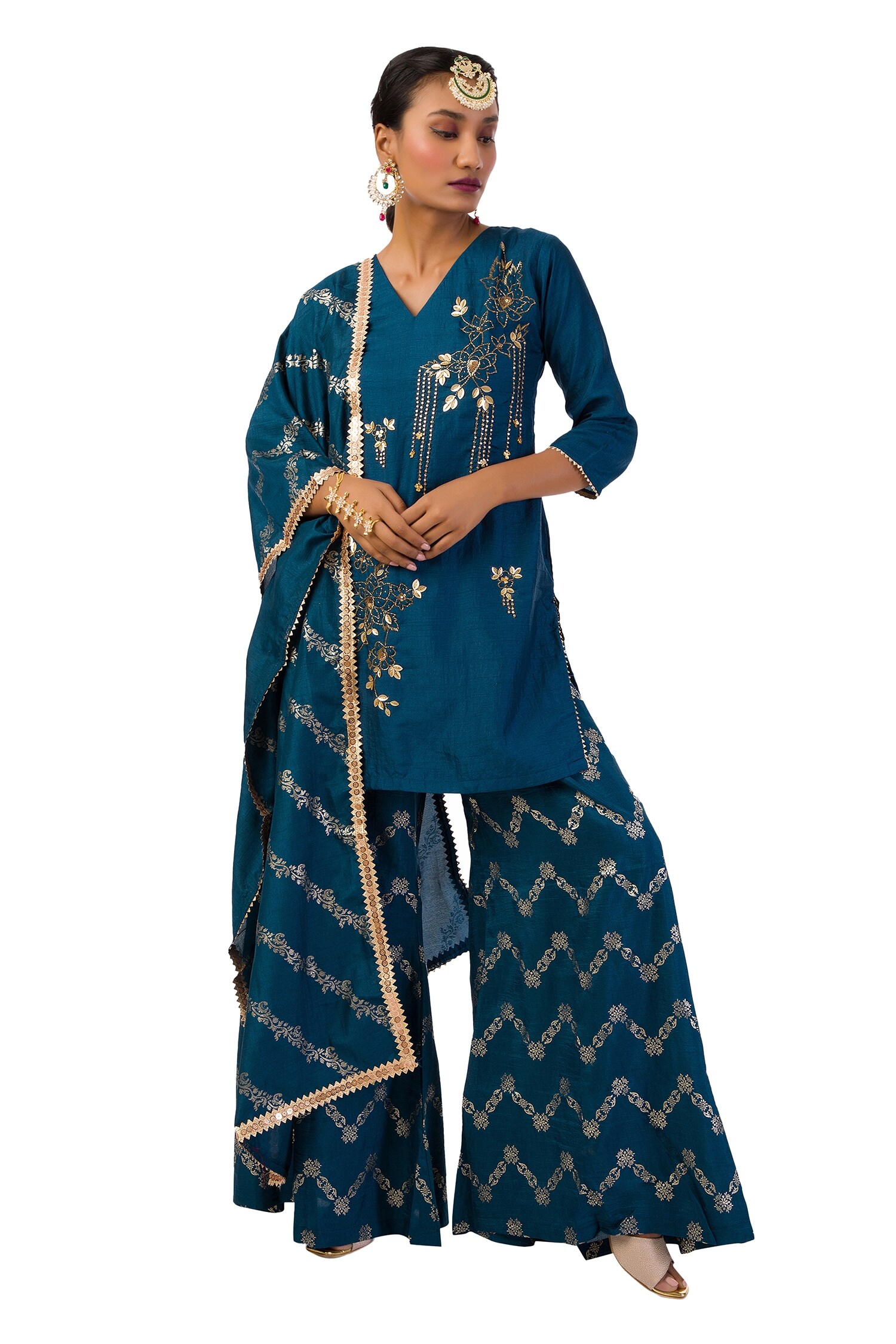 Buy Meghna shah Blue Dola Silk Embroidered Kurta Palazzo Set Online