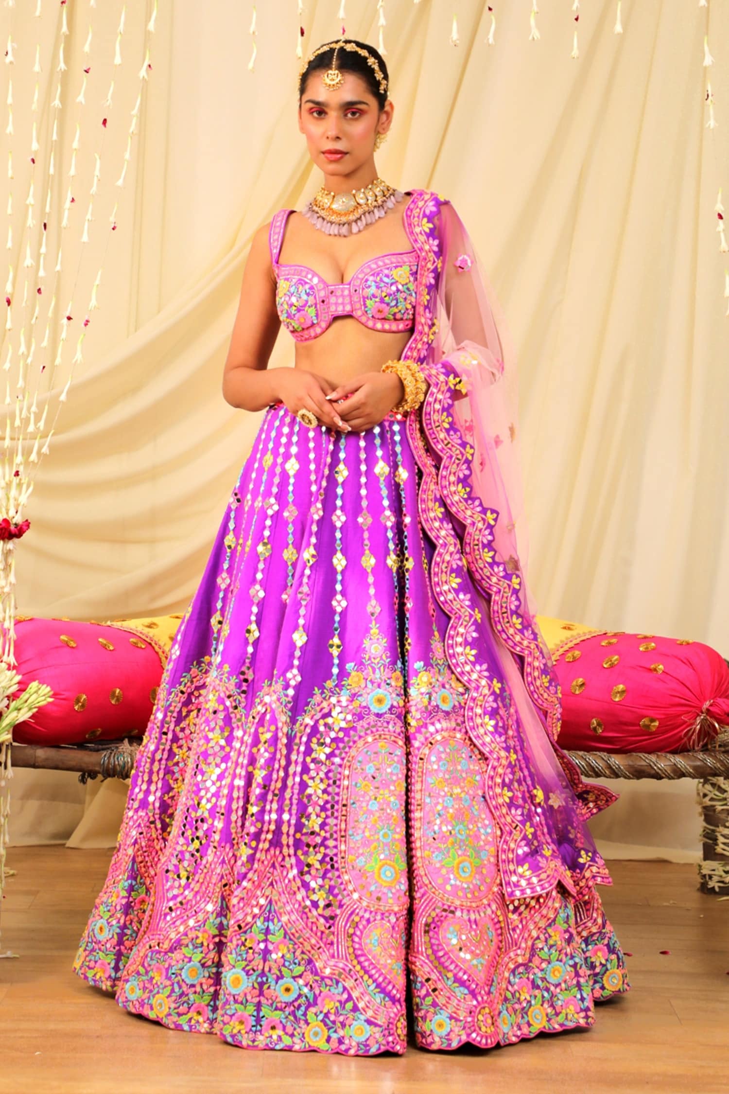 Buy Rajbinder Chahal Purple Dupion Silk Mirror Embroidered Lehenga Set Online Aza Fashions