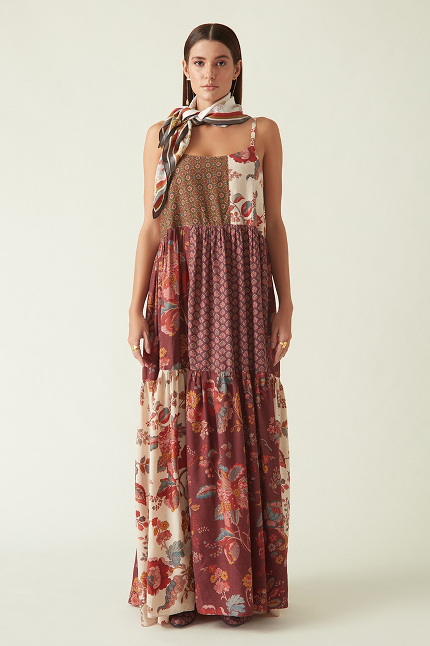 Payal Pratap Brown Cupro Muga Silk Liman Printed Patched Maxi Dress