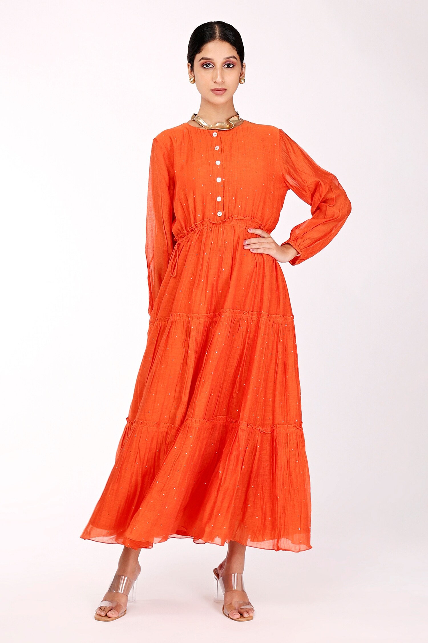 Buy Komal Shah Orange Chanderi Embroidered Maxi Dress Online Aza Fashions