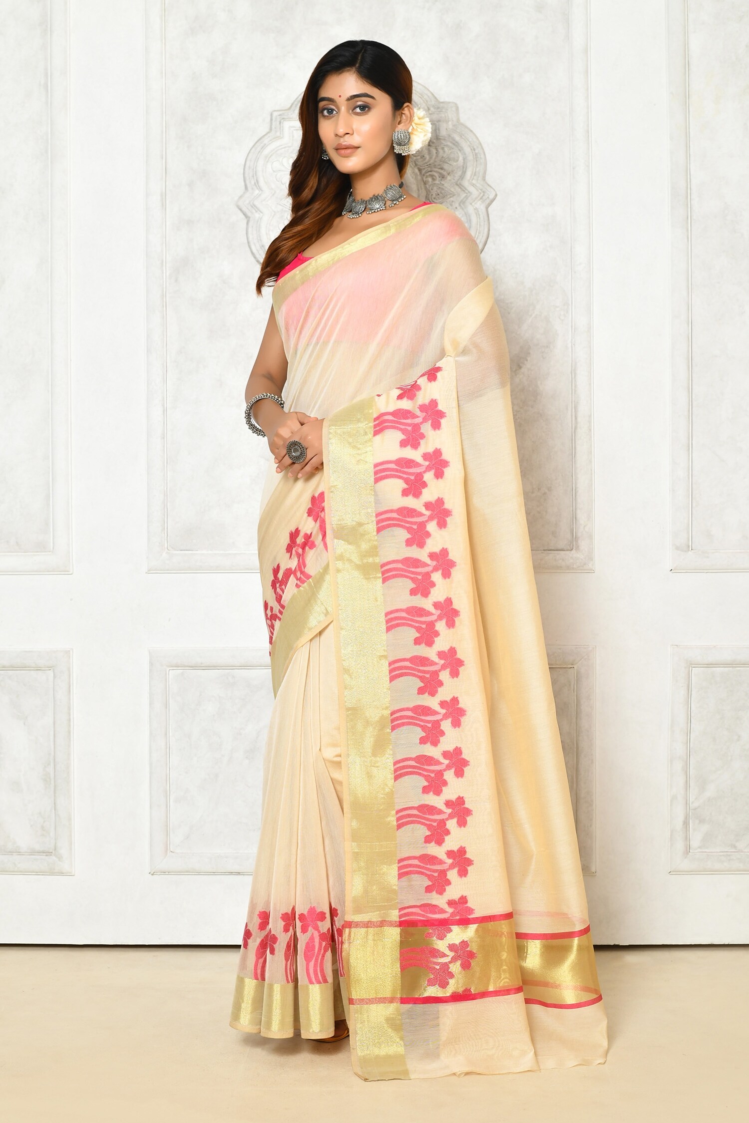 Khwaab by Sanjana Lakhani Off White Floral Border Woven Saree