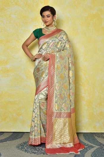 BKS002- Georgette Meenakari Banarasi  saree with Gold Zari work. Comes with unstitched Blouse.