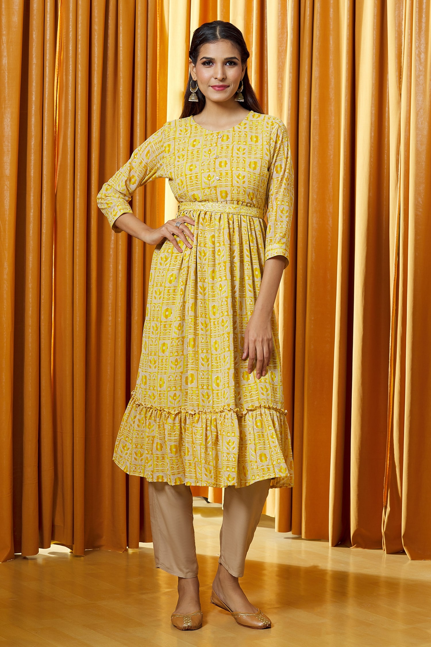 Buy Naintara Bajaj Yellow Georgette Fit And Flare Kurta Online | Aza ...