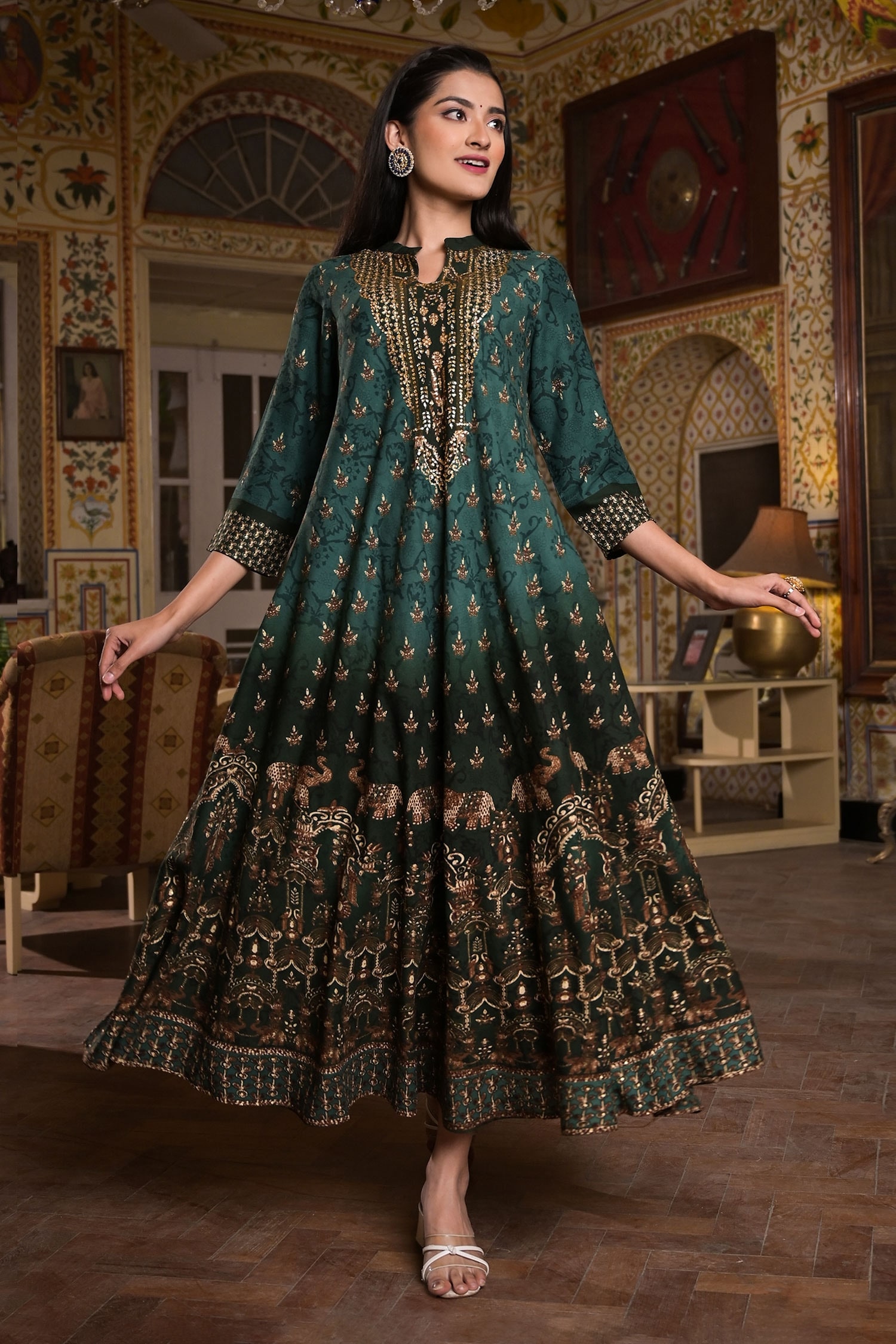 Bairaas Green Rayon Ombre Bohemian And Elephant Pattern Dress