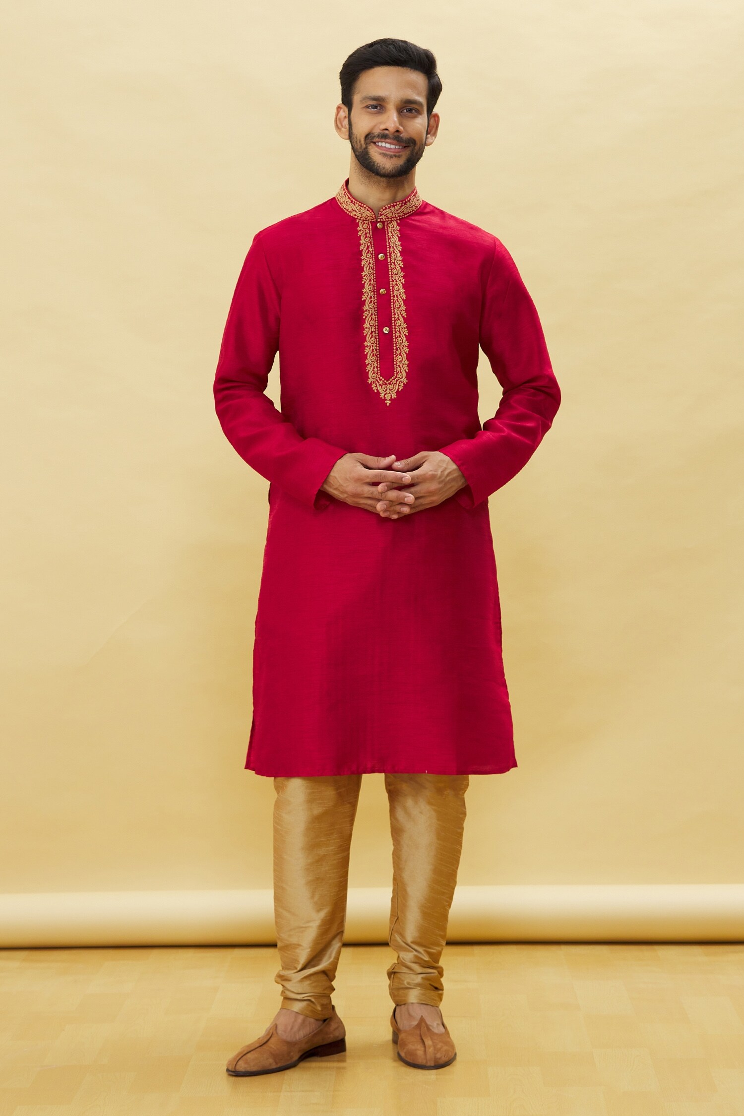 Buy Samyukta Singhania Maroon Silk Floral Embroidered Kurta Churidar Set Online Aza Fashions