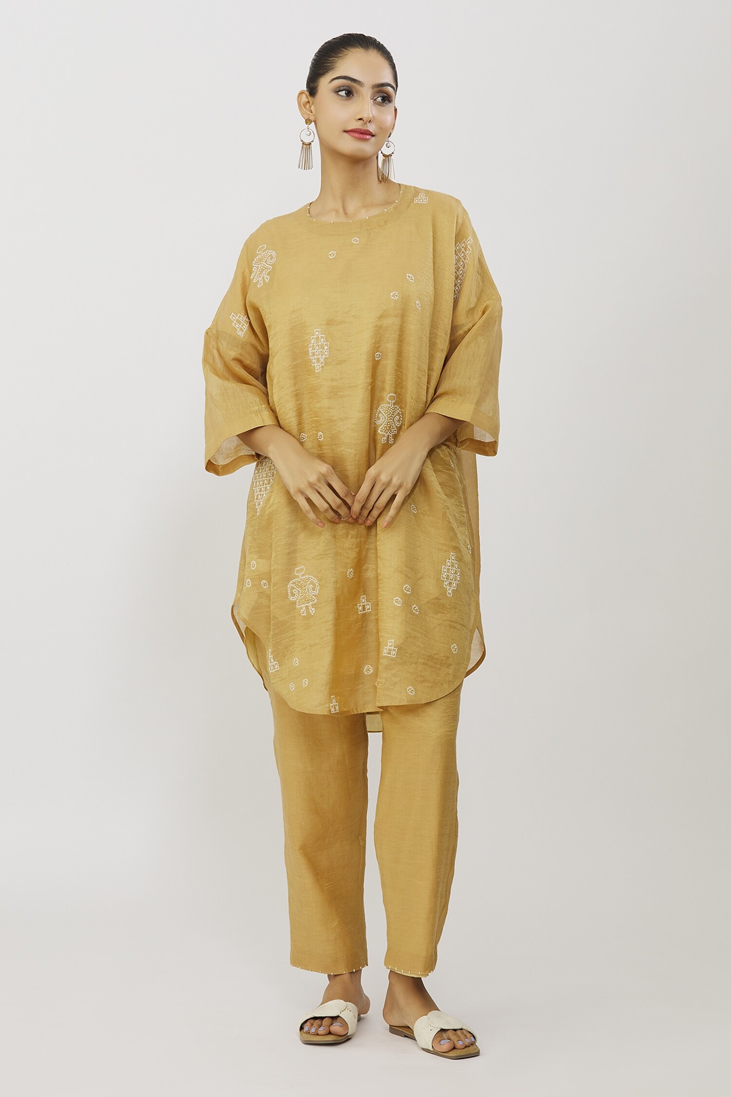 Buy Neeta Bhargava Gold Embroidered Tissue Kaftan Pant Set Online | Aza ...