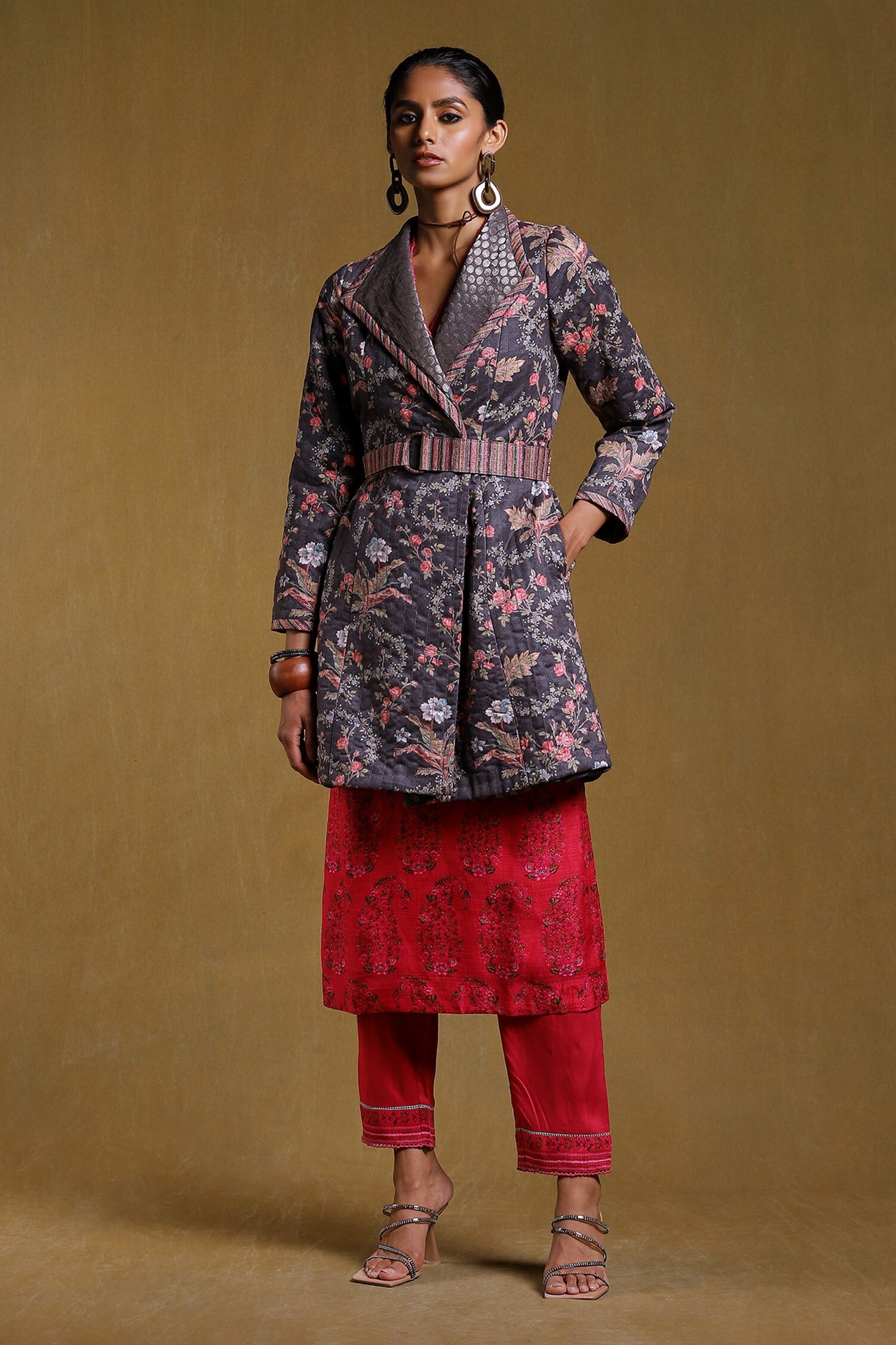 Ritu Kumar Black Cotton Bookley Floral Print Long Jacket