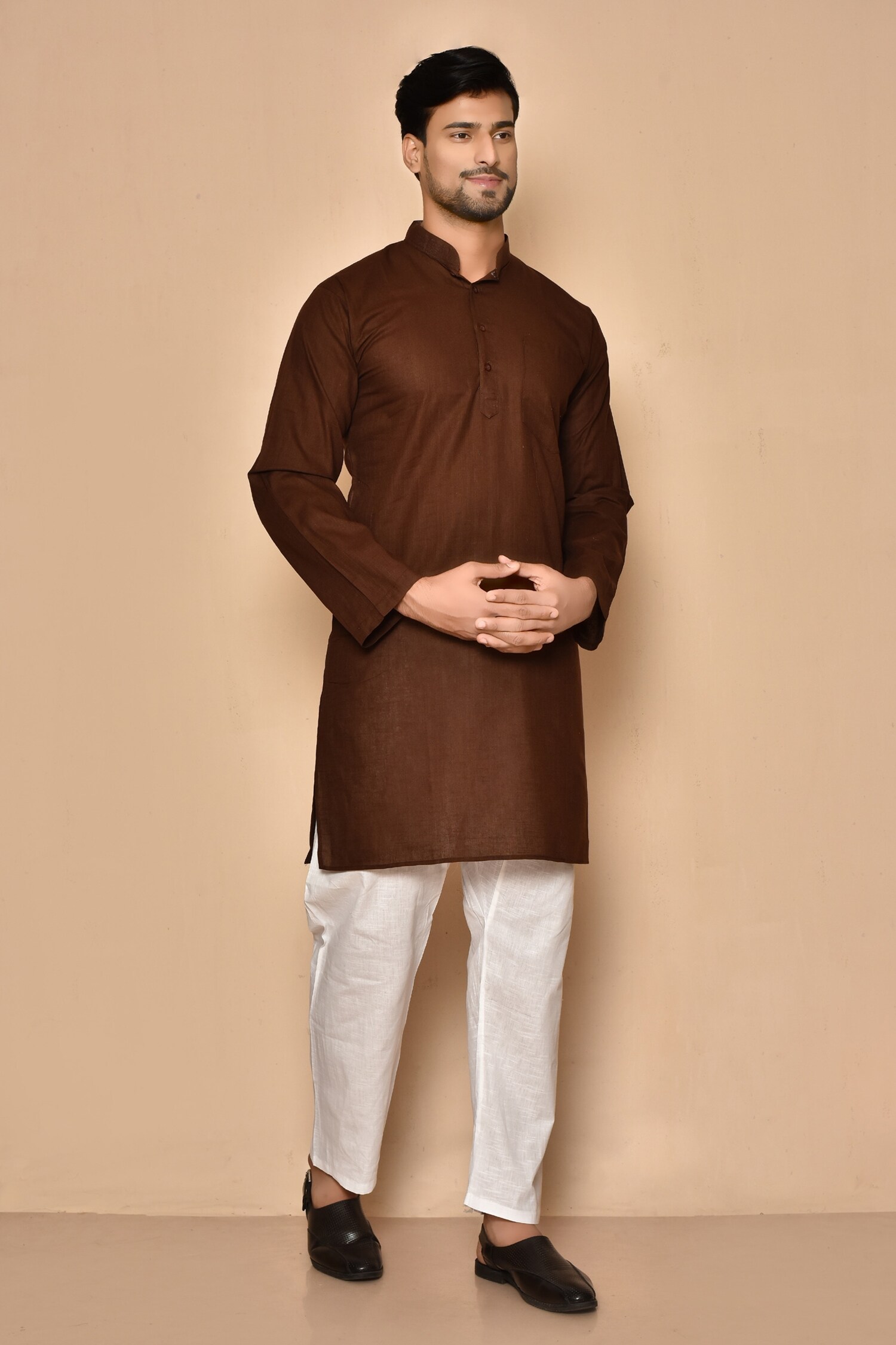 Aryavir Malhotra Brown South Cotton Plain Kurta And Pajama Set