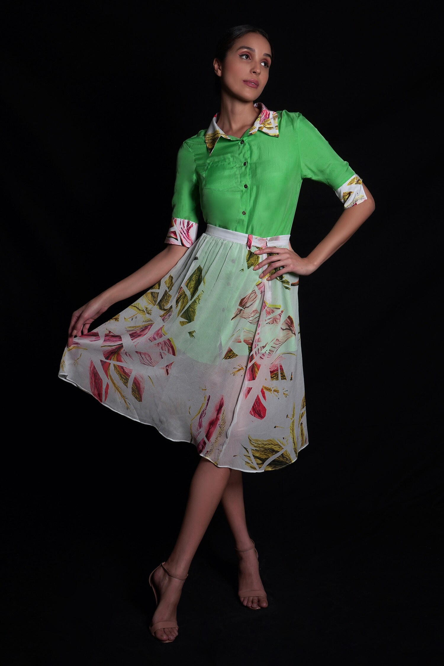 Seesa Green Crepe Floral Pattern Shirt Dress