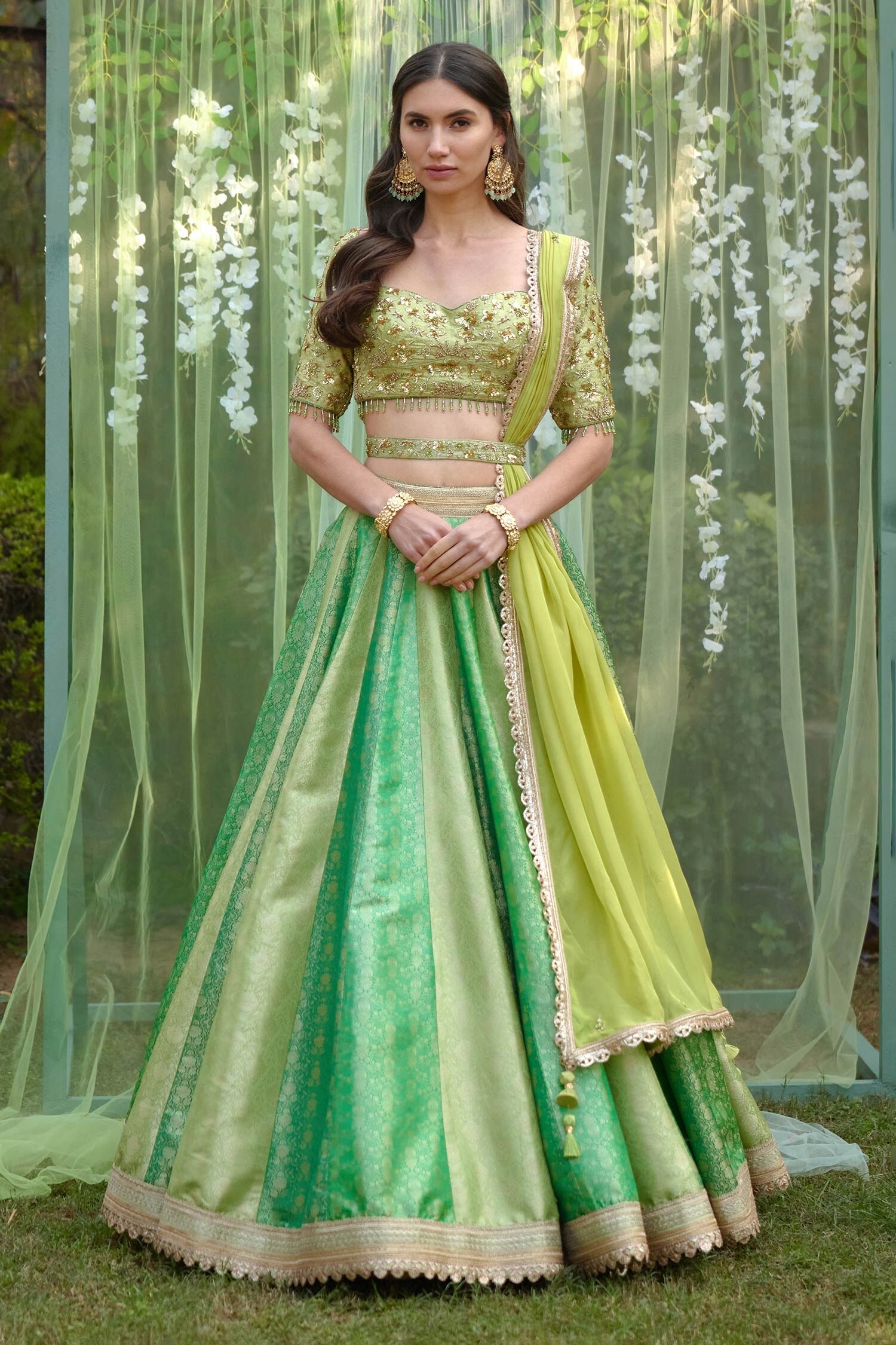 Buy Shyam Narayan Prasad Green Brocade Lehenga And Zardozi Work Blouse ...