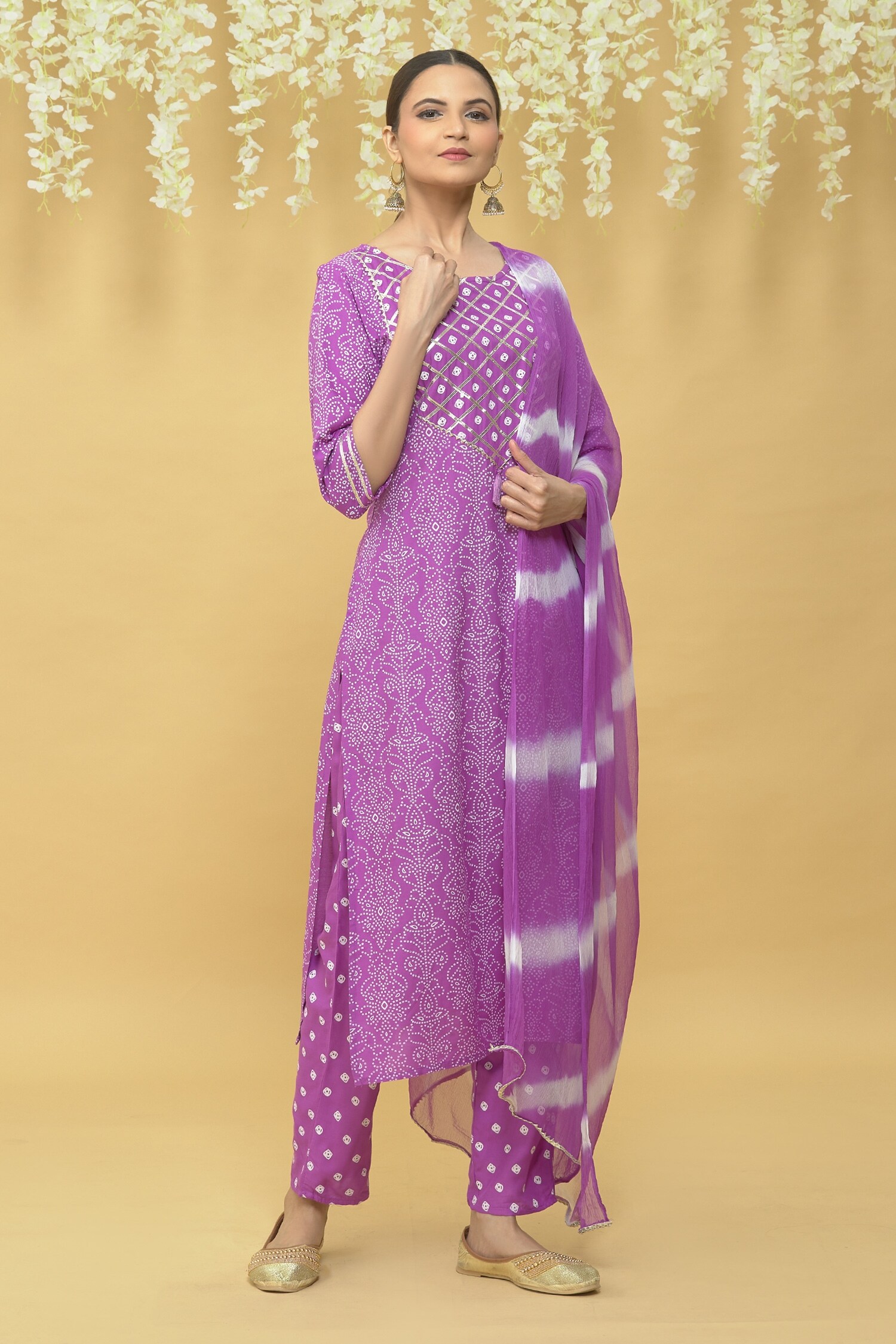 Samyukta Singhania Purple Rayon Floral Bandhani Print Kurta Set