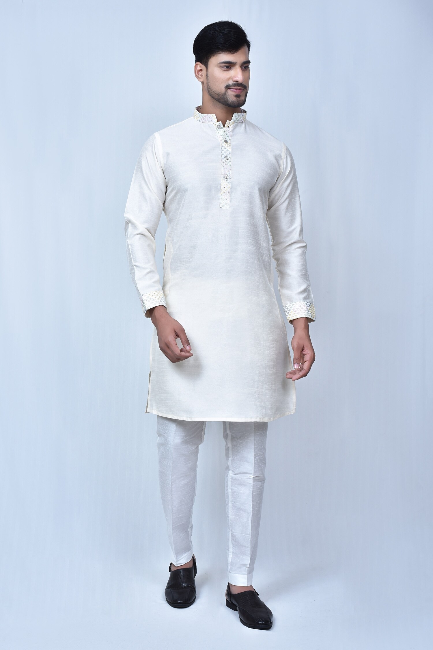 Buy Khwaab by Sanjana Lakhani Cream Art Silk Mandarin Collar Straight