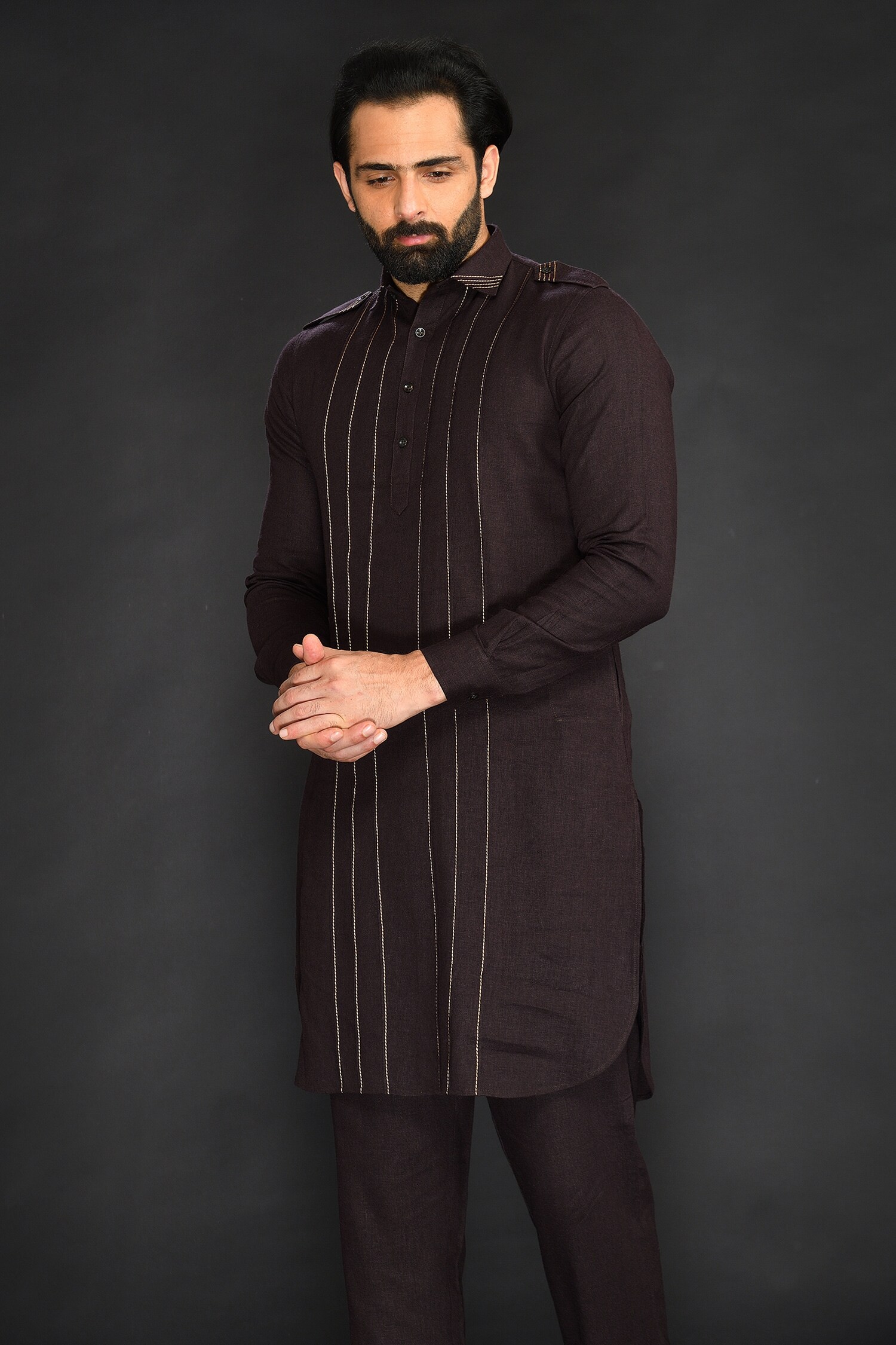 SAMMOHAN CEREMONIAL Brown Linen Viscose Embroidered Pathani And Pant Set