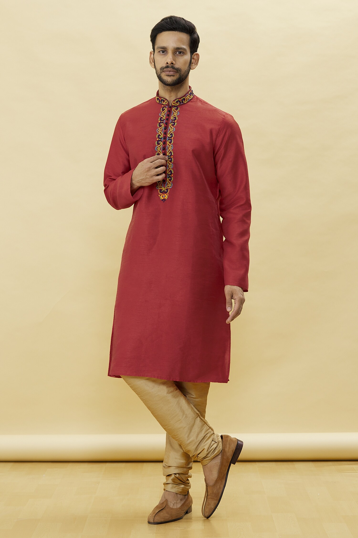 Buy Samyukta Singhania Maroon Silk Full Sleeve Kurta Set Online Aza Fashions