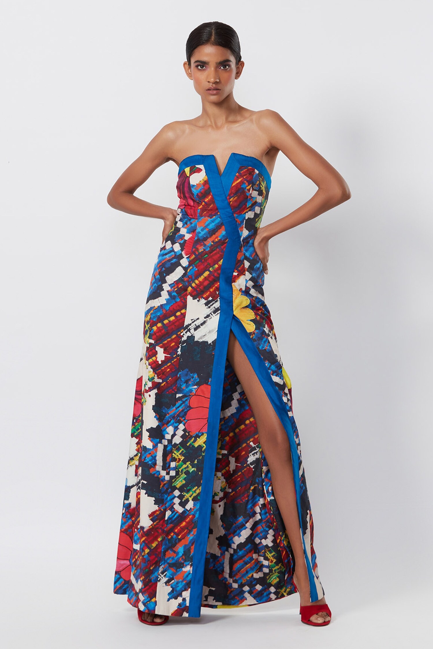 Saaksha & Kinni Blue Satin Abstract Floral Print Slit Dress