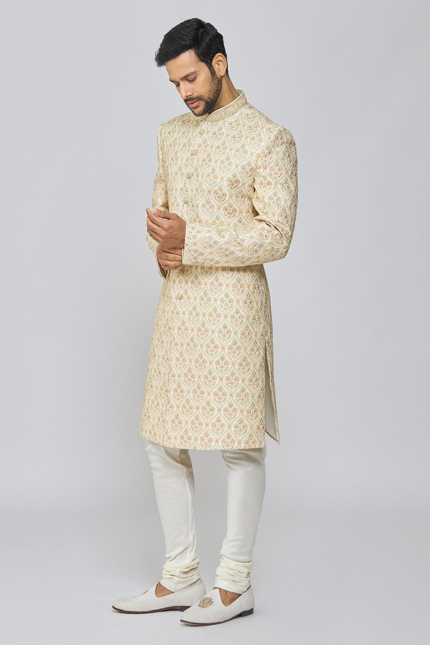 Buy Arihant Rai Sinha Cream Mughal Embroidered Sherwani Set Online