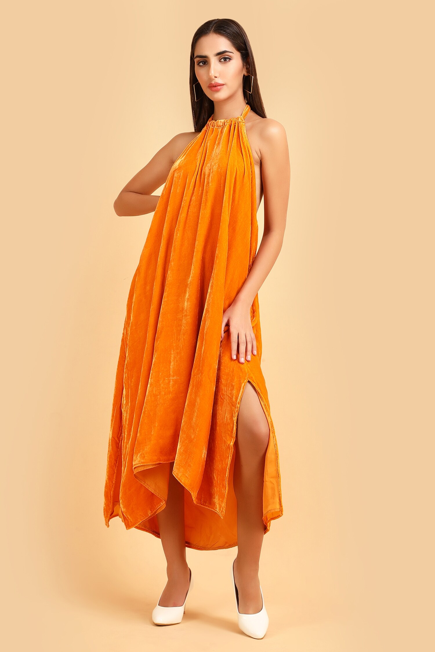Label Ivish Orange Silk Velvet Halter Neck Asymmetric Dress