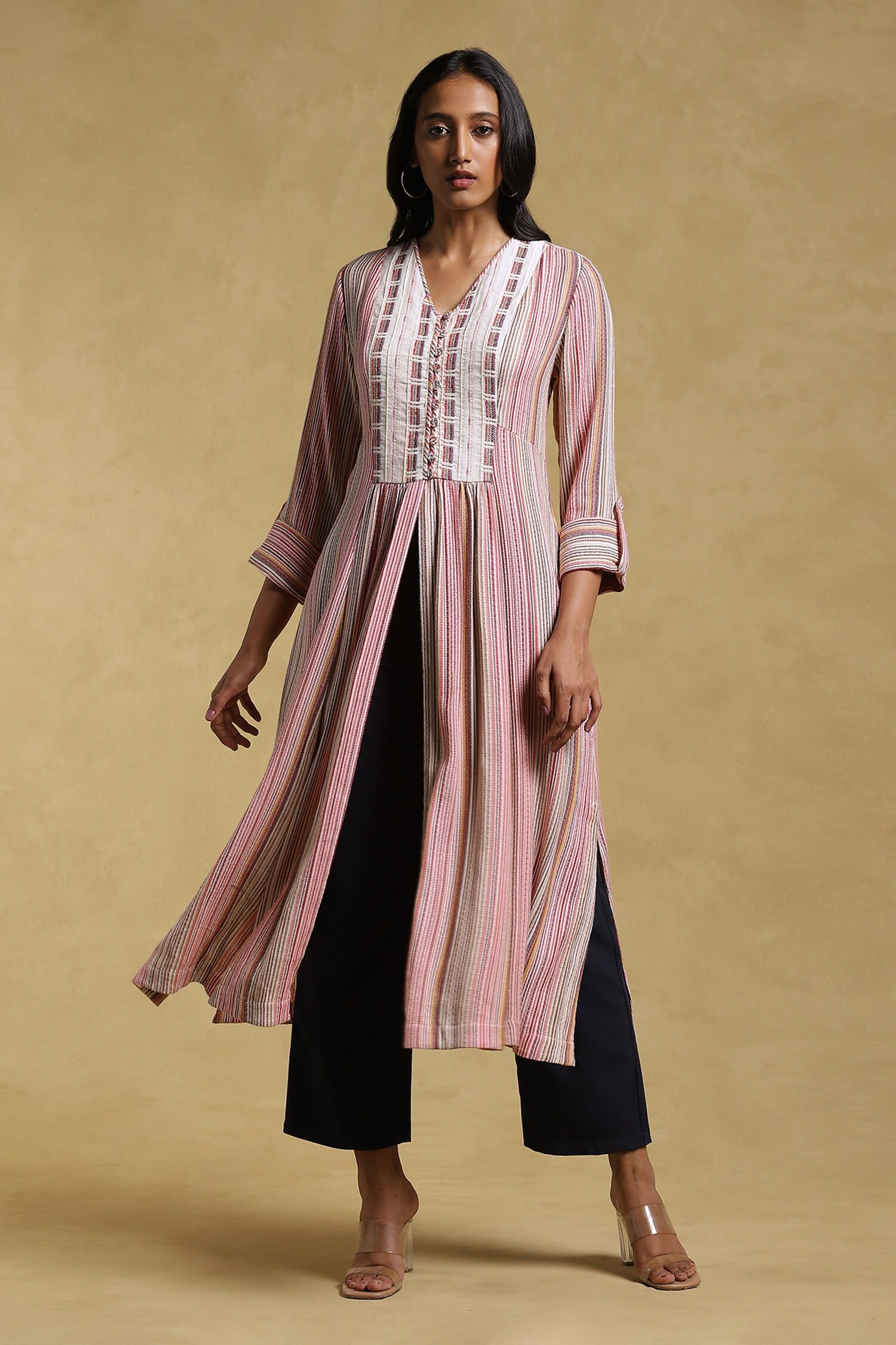 Ritu Kumar Multi Color Yarn Dyed Cotton-multi Striped Front Slit Kurta