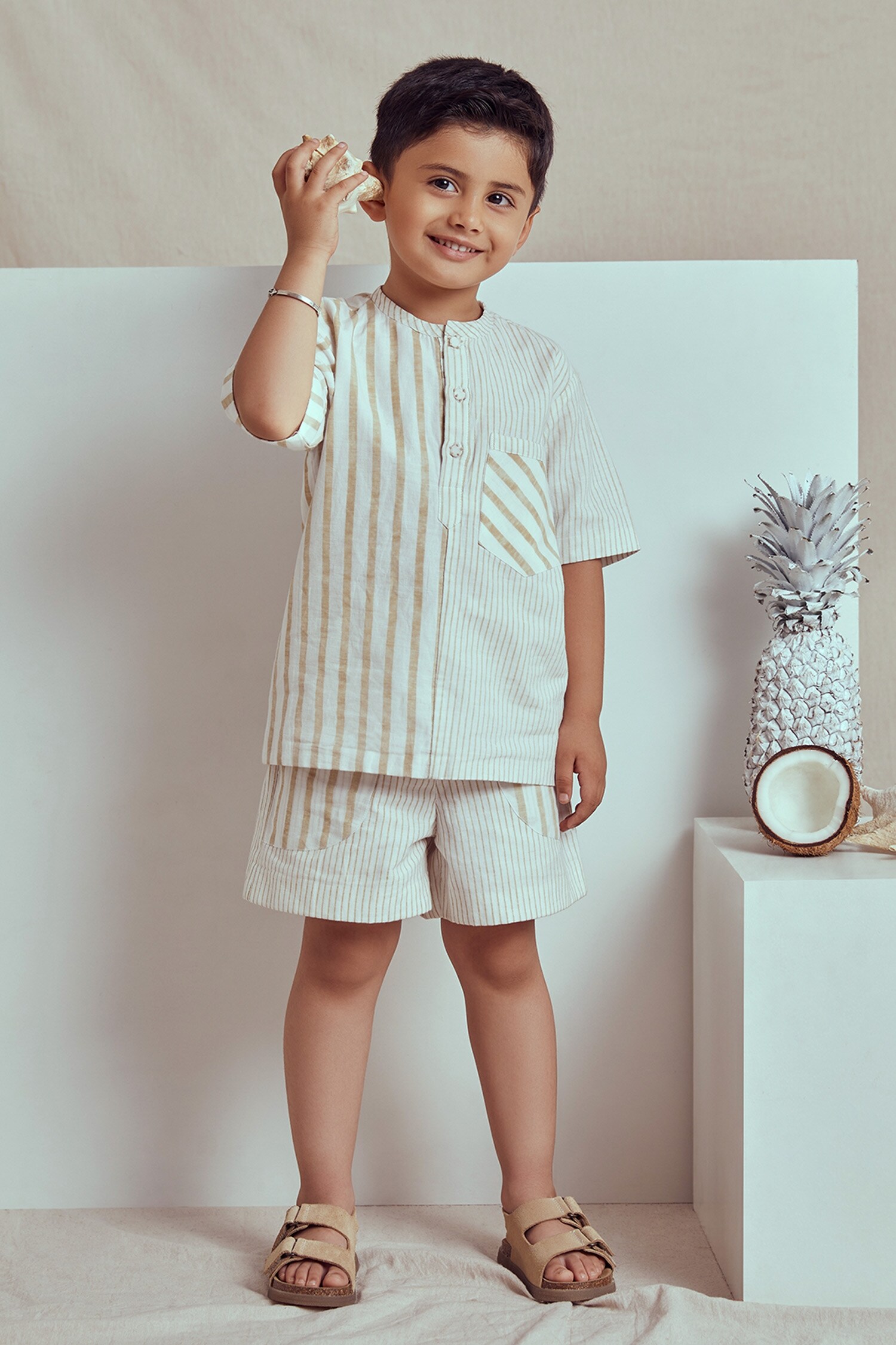The Right Cut White Marino Printed Shirt And Shorts Set For Boys